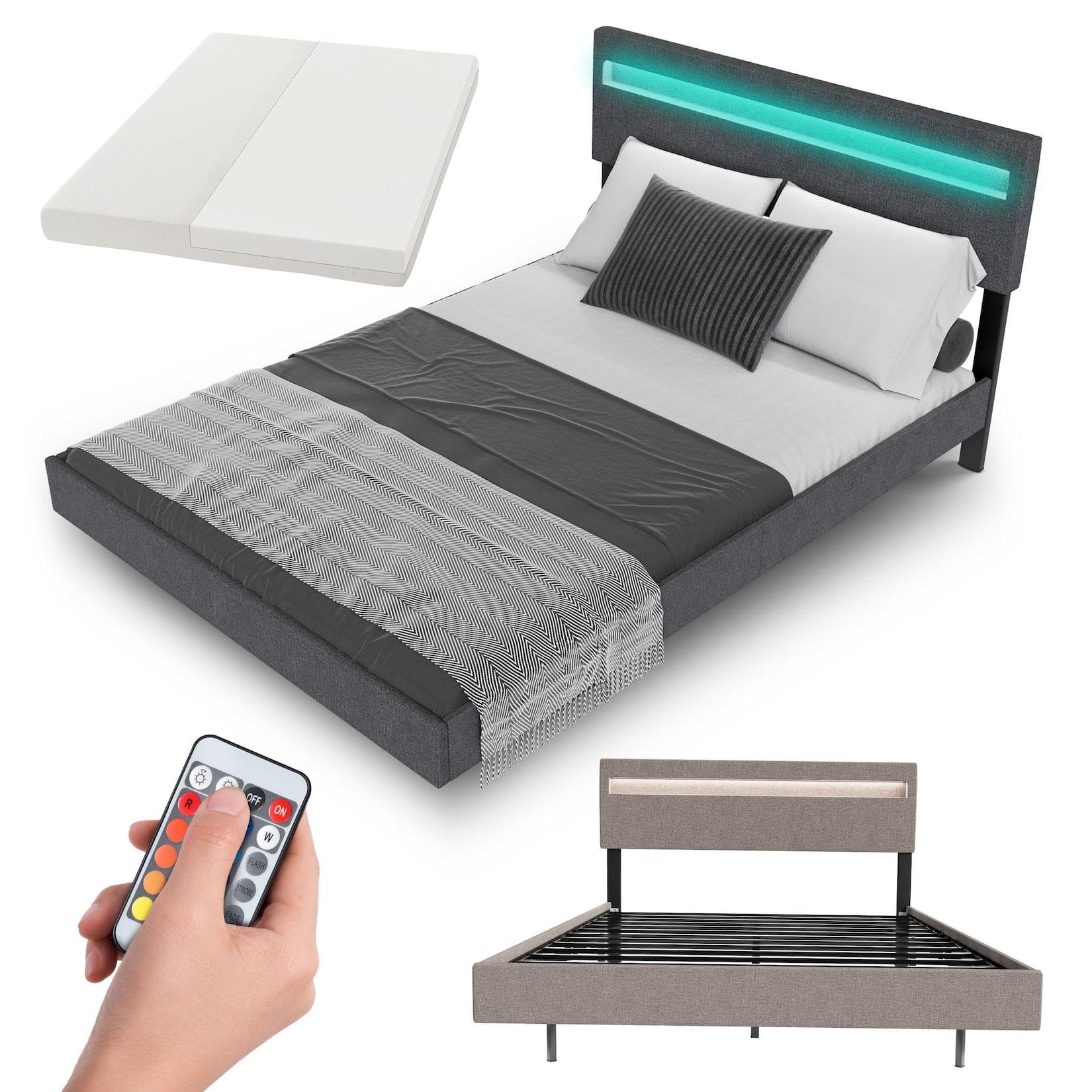 Juskys Polsterbett Lissabon mit LED & verstellbarem Kopfteil