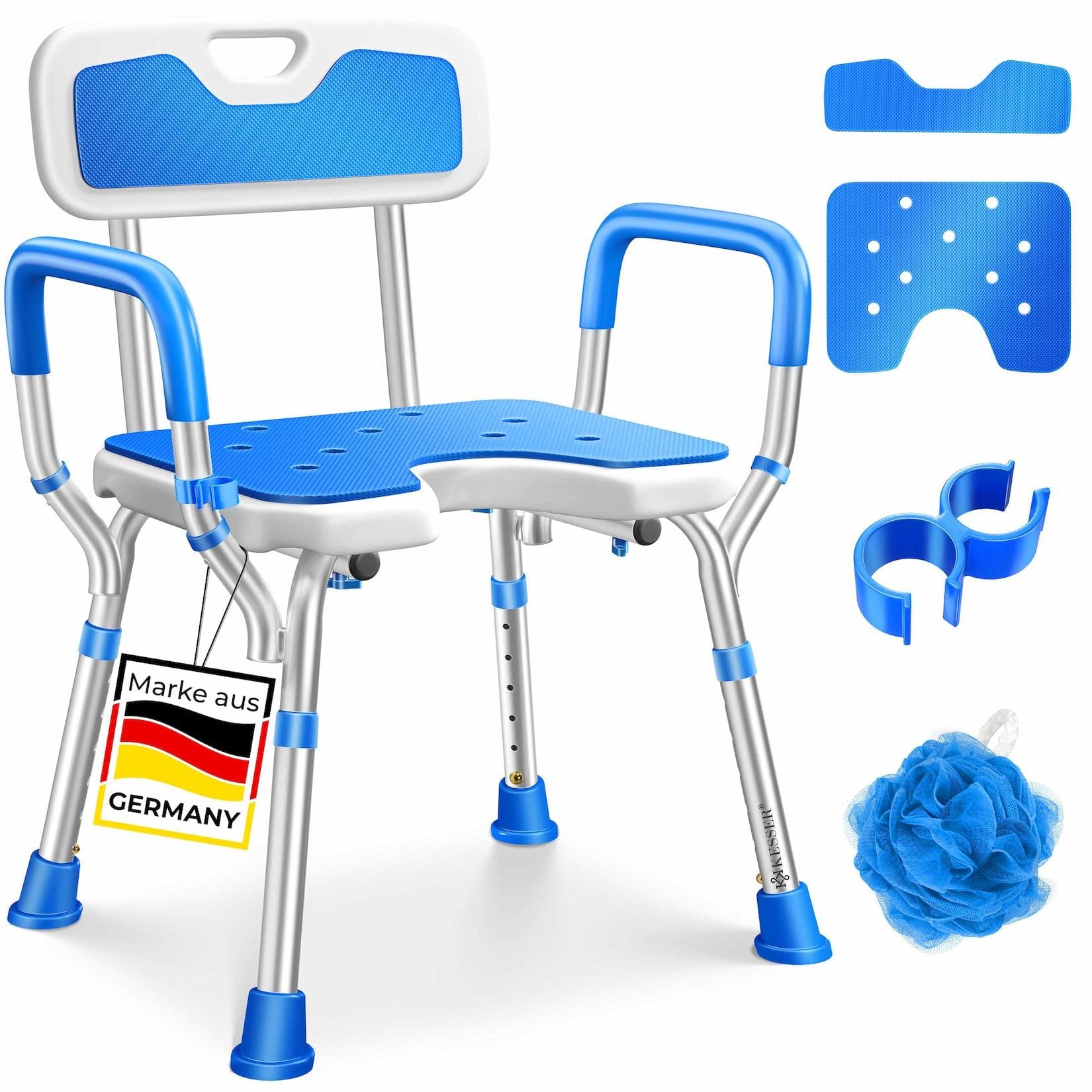 KESSER Duschhocker mit Lehne höhenverstellbar 150kg belastbar Weiss/Blau