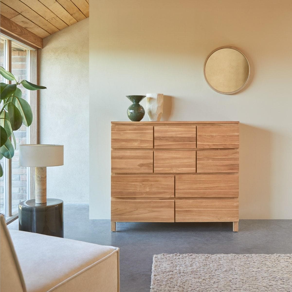 Tikamoon Highboard Kommode Sideboard 10 Schubladen Massiv Teakholz