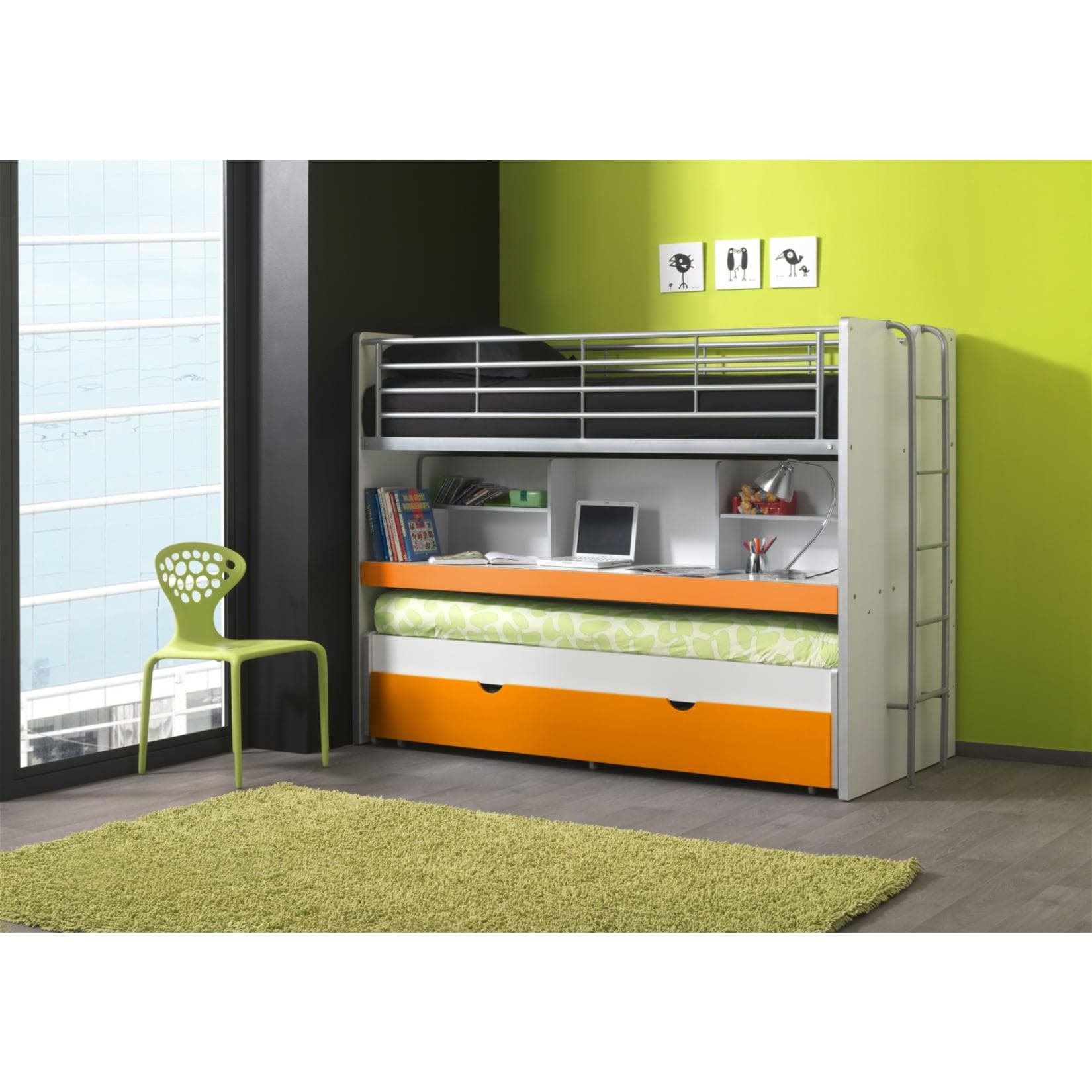 VIPACK Hochbett Bonny 3 Liegeflächen Weiß/Orange mit Schreibtisch