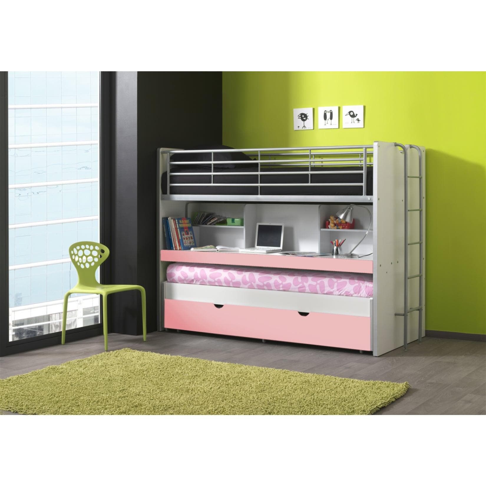 VIPACK Hochbett Bonny 3 Schlafgelegenheiten Rosa Weiß