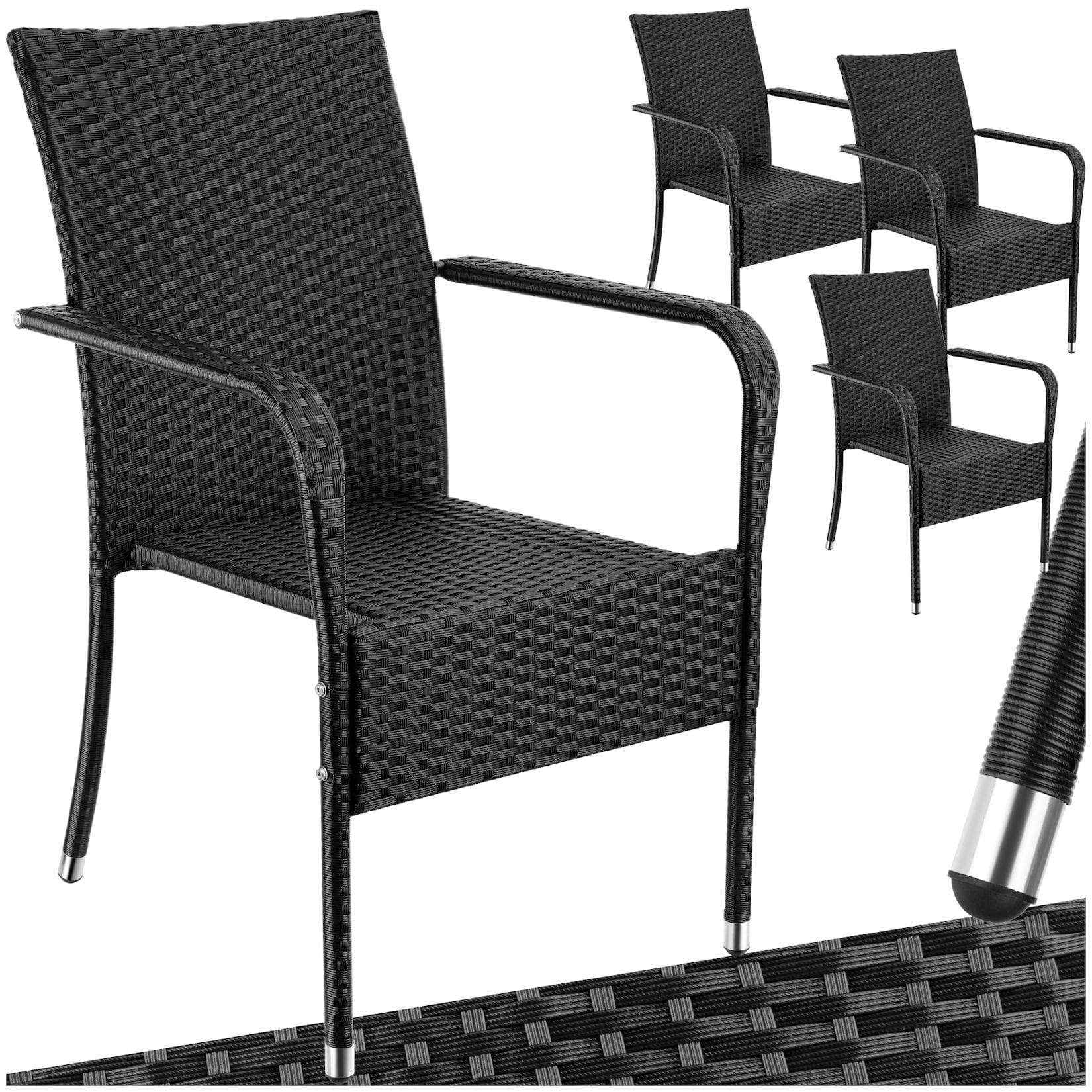 TECTAKE Rattanstuhl Girona Schwarz Stapelbar 4er Set