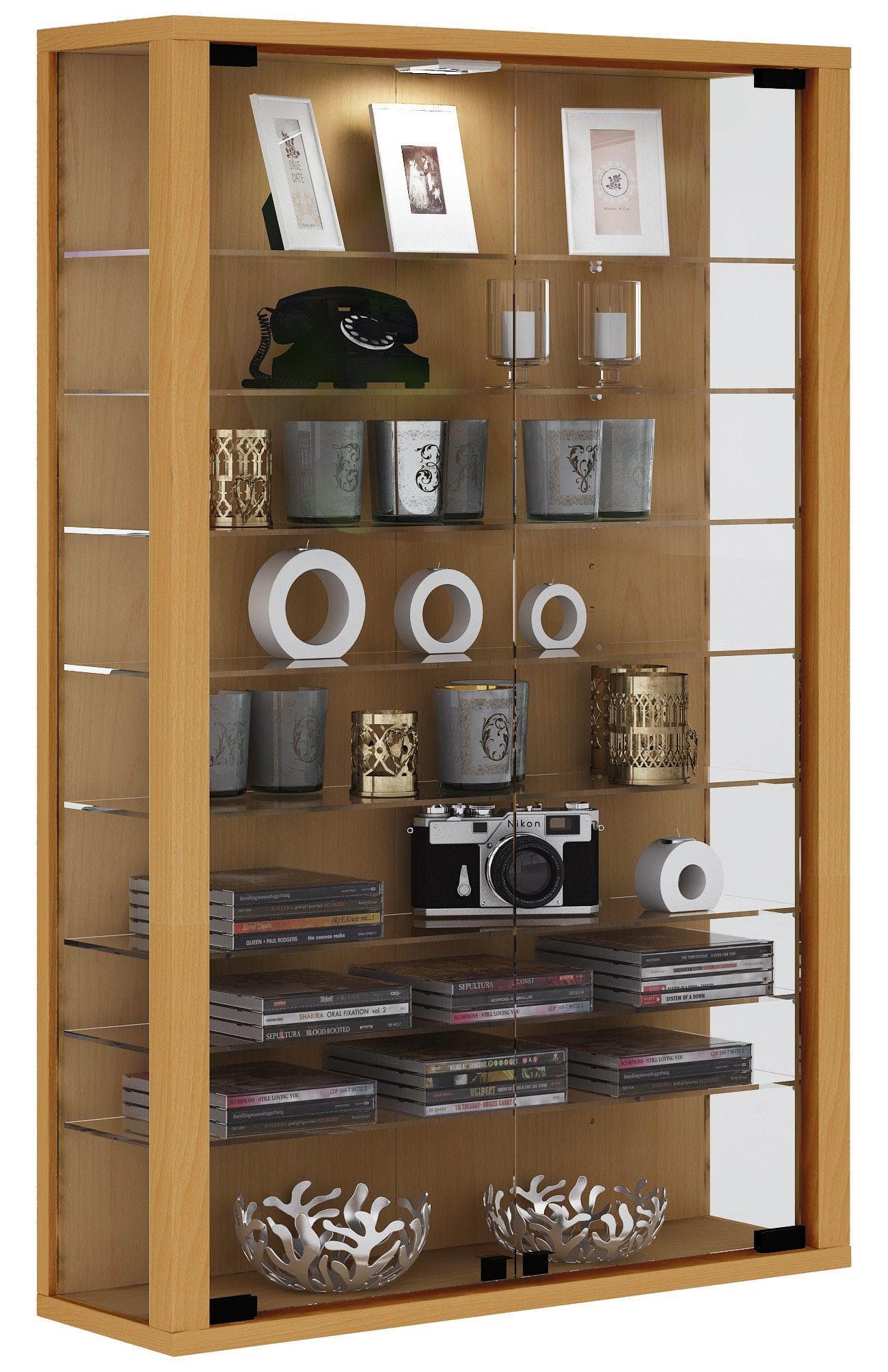 VCM my home Vitrosa Mini Vitrine Buche 8 Fachböden mit Beleuchtung