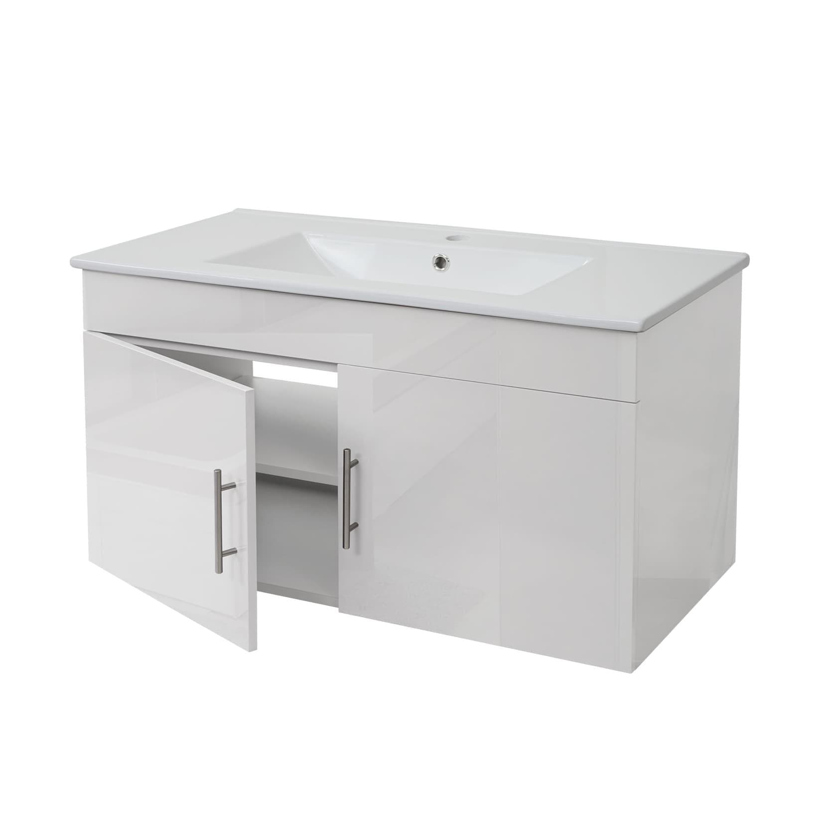 MCW-D16 Waschbeckenunterschrank 90 cm Weiß Hochglanz MVG-zertifiziert