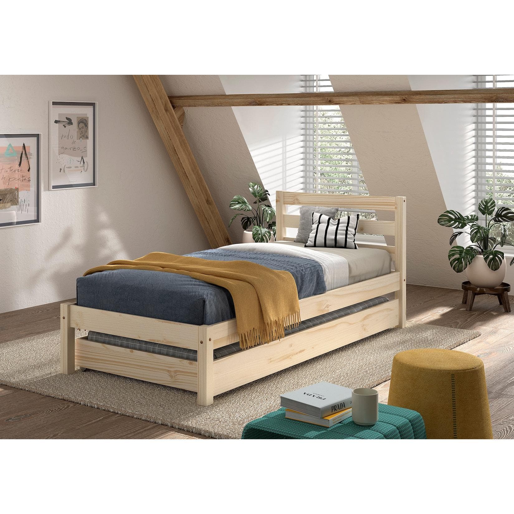 Natur24 Einzelbett Pino mit Bettschublade Braun Kiefer Natur