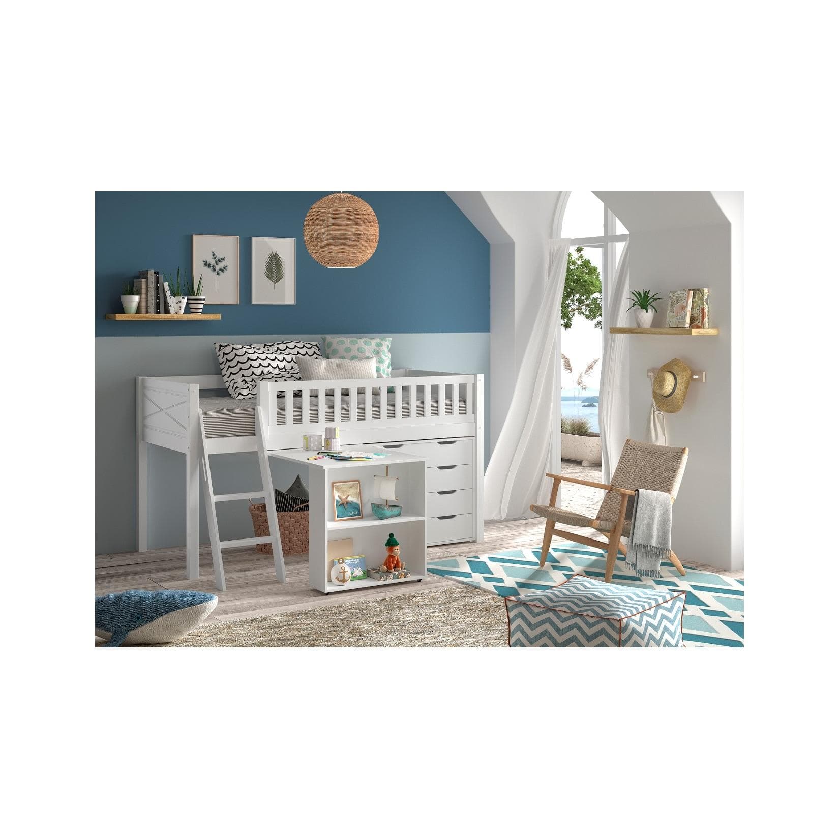 Multifunktionales Spielbett aus Kiefer und MDF - Weiß