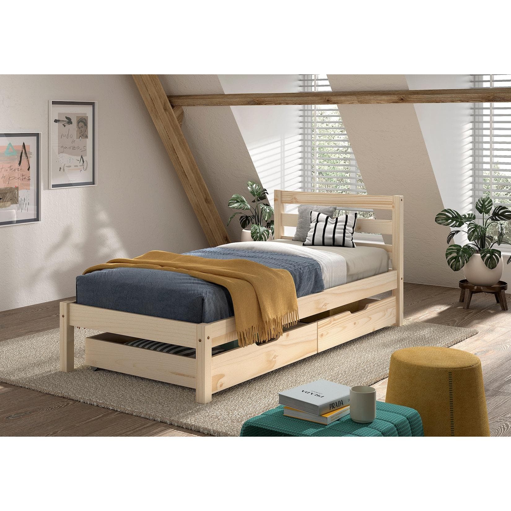 Einzelbett Pino 90x200 cm mit Lattenrost und 2 Schubladen