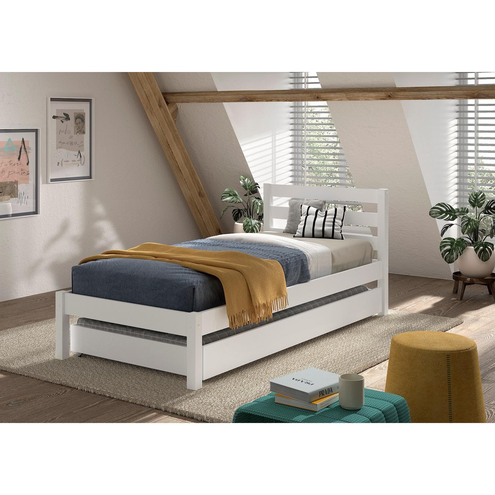 VIPACK Massivholzbett Pino 90x200 cm Weiß mit Lattenrost und Schublade