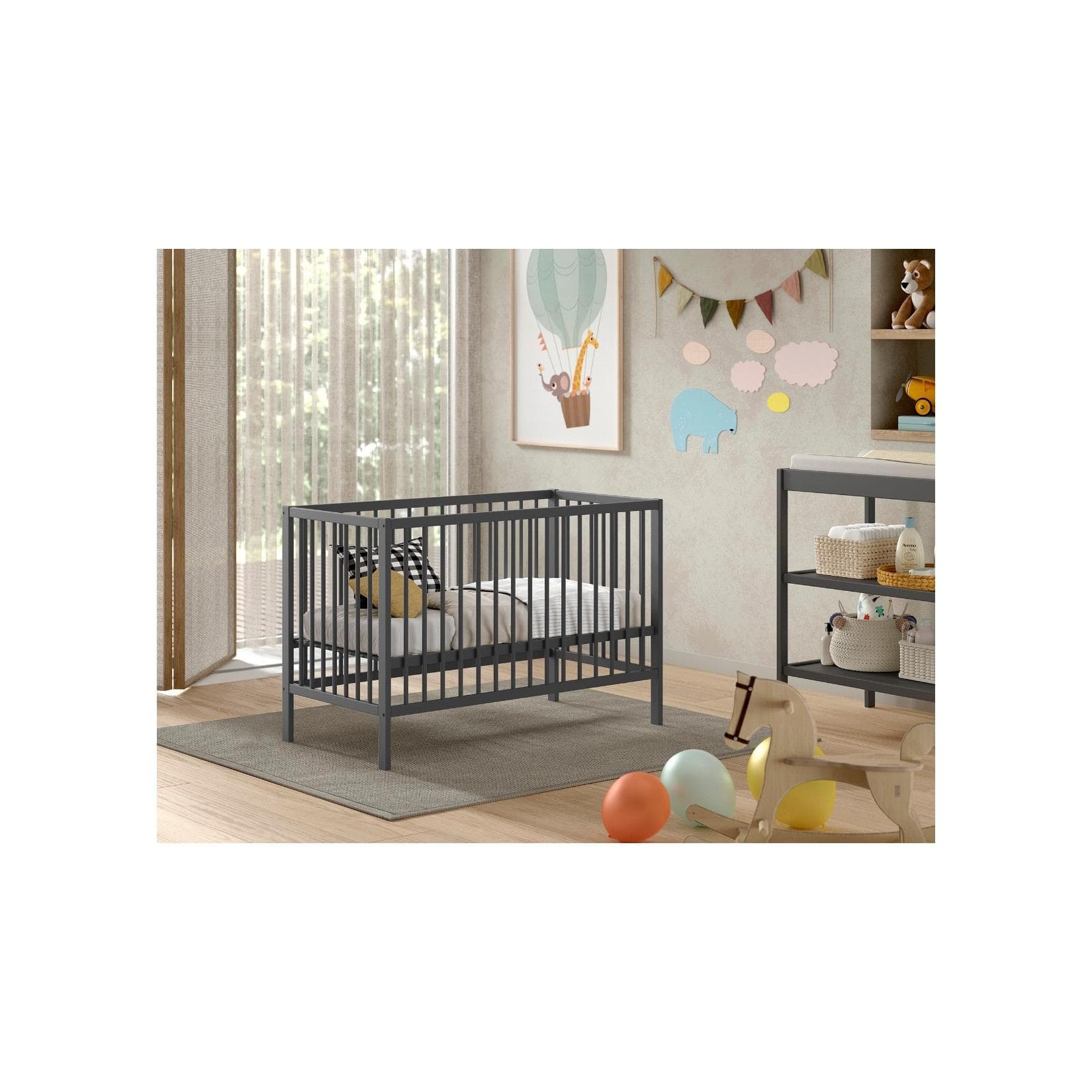 VIPACK Babybett Dino 60x120 cm Massivholz Anthrazit Höhenverstellbar