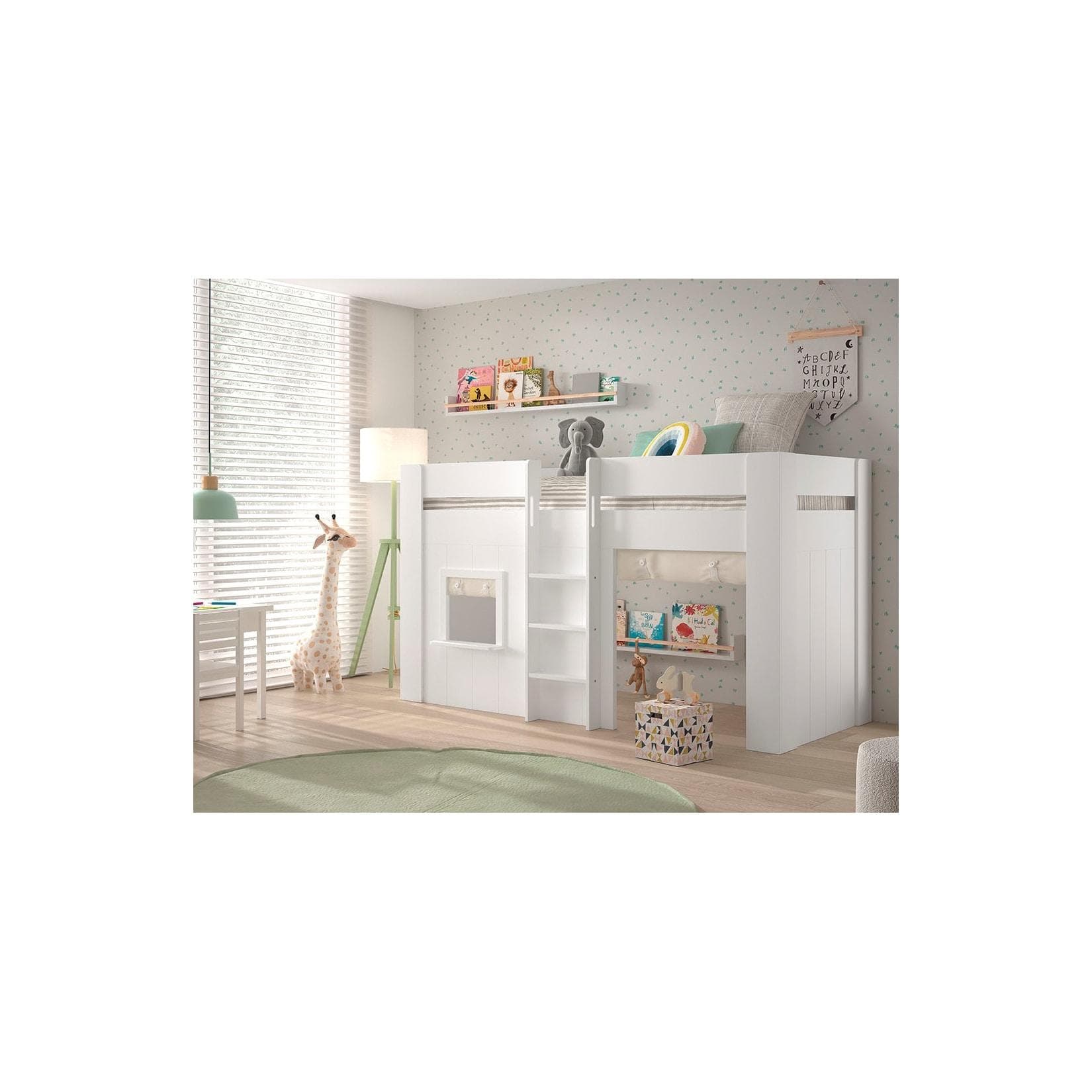 Vipack RENO Halbhohes Spielbett 90x200 cm mit Vorhang Set Creme-Weiß