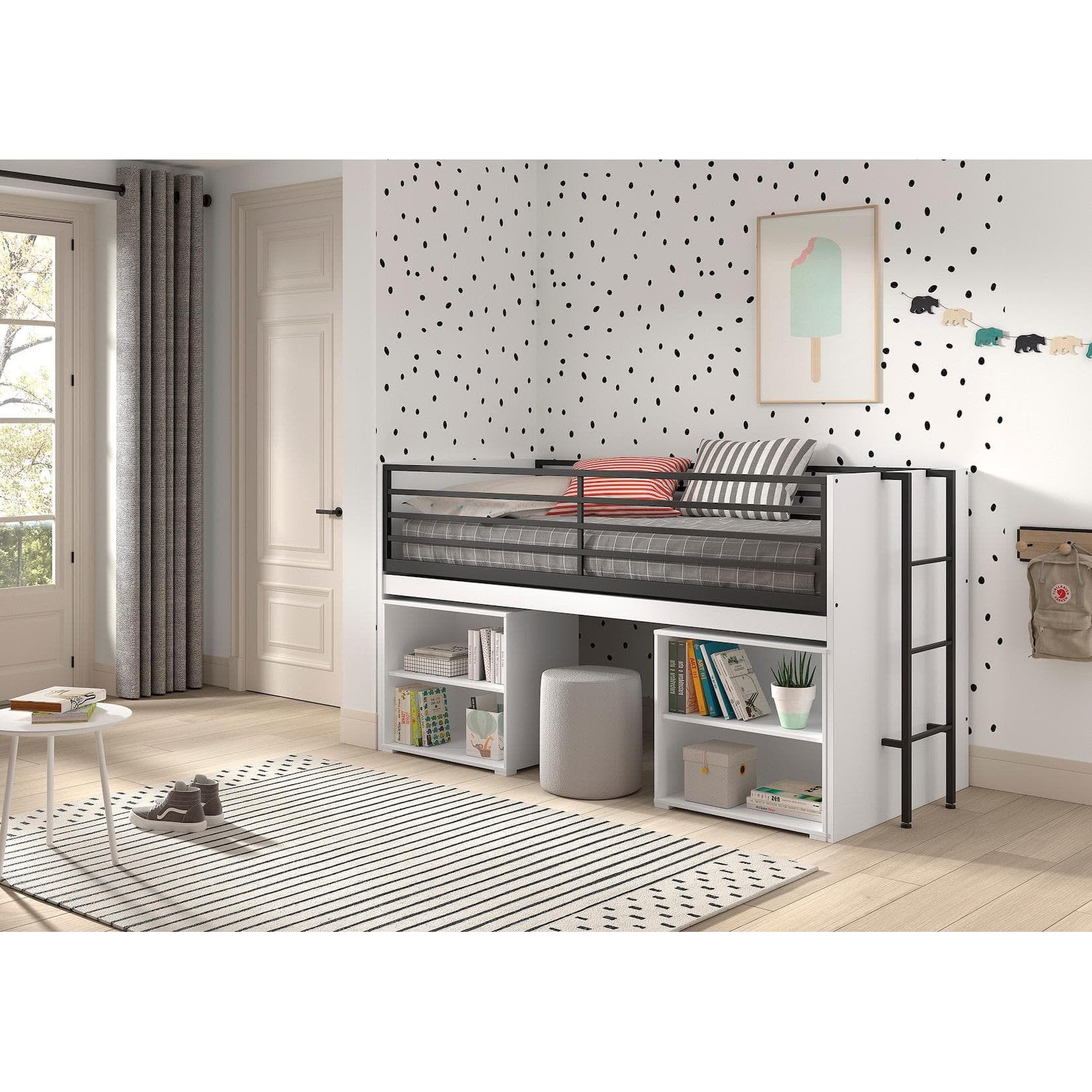 VIPACK Stauraumbett SAM mit ausziehbarem Schreibtisch und Regalen Weiß Dekor