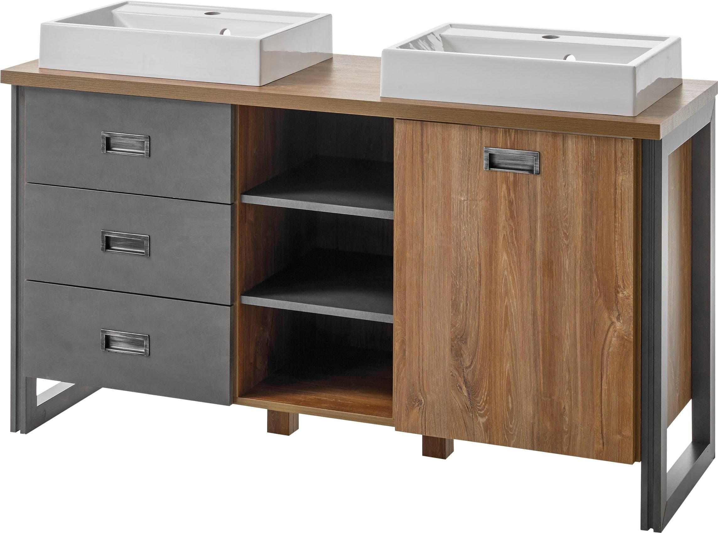 Waschtisch und Badschrank im Industrialdesign und Landhausstil