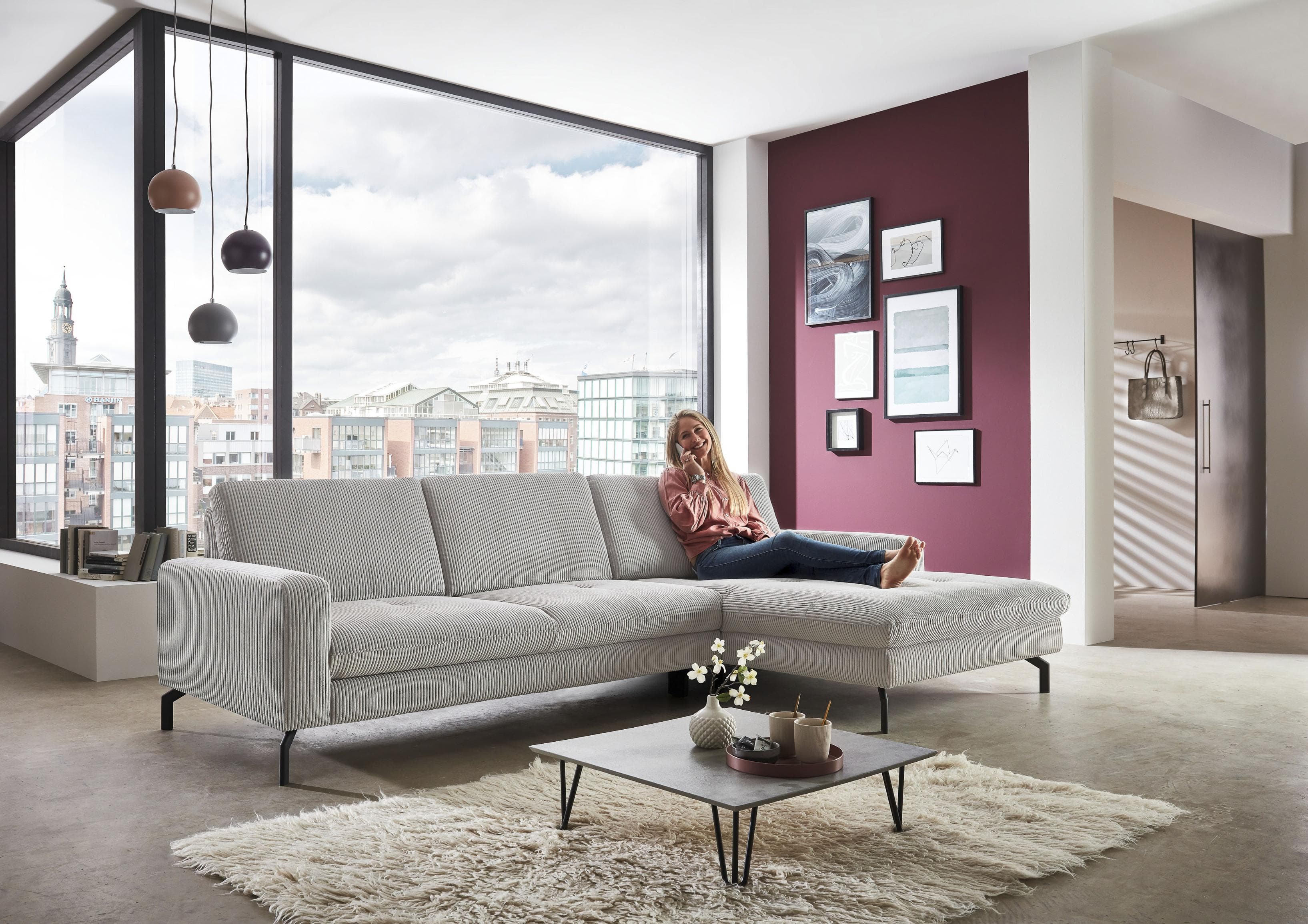 Ecksofa DIE PLANBAR L-Form Grau Cord Federkern