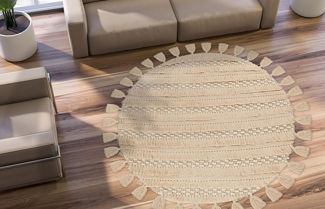 ME GUSTA Wollteppich Boho Rund Beige Handgewebt