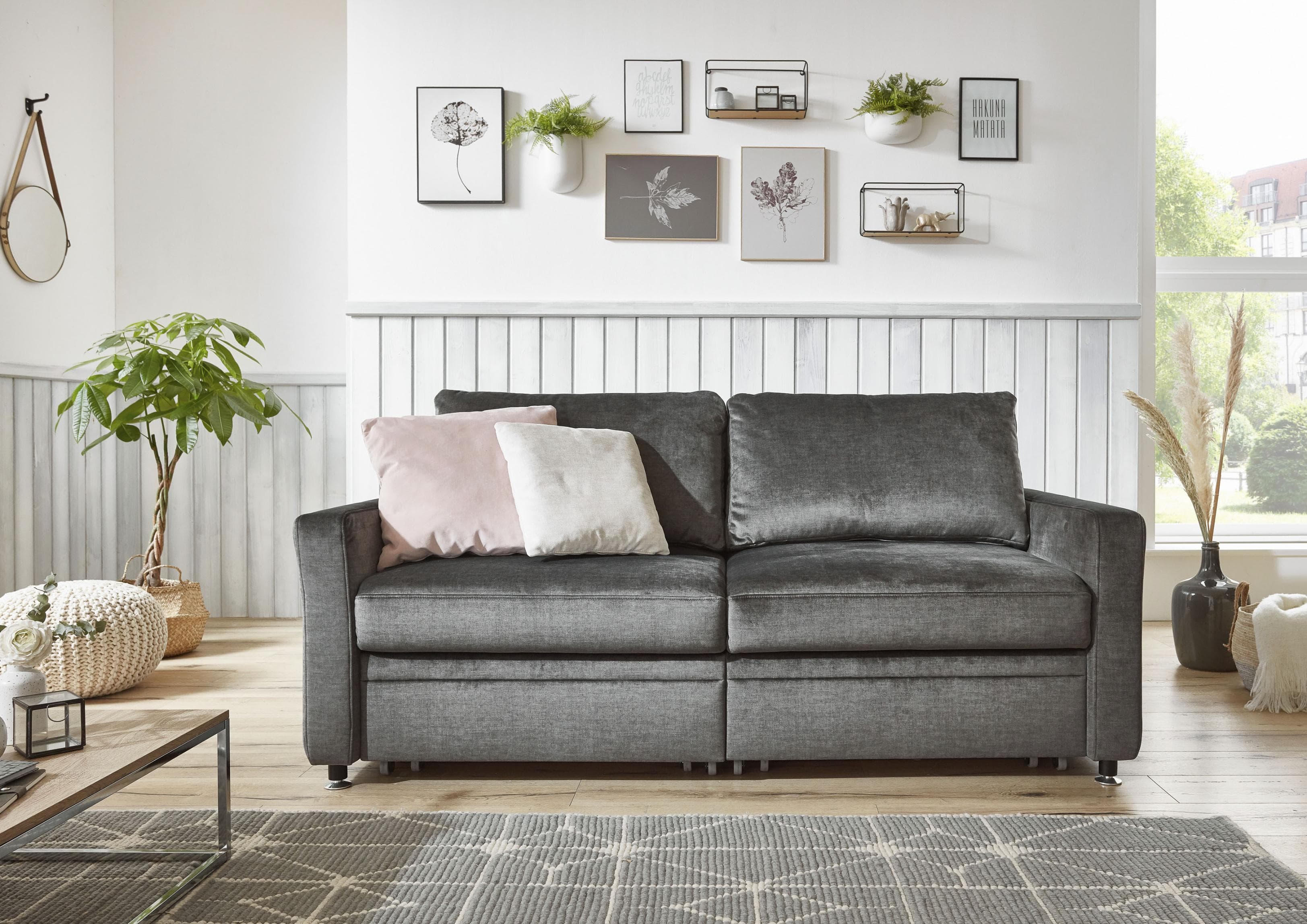 Schlafsofa DIE PLANBAR Anthrazit Samt mit Schlaffunktion