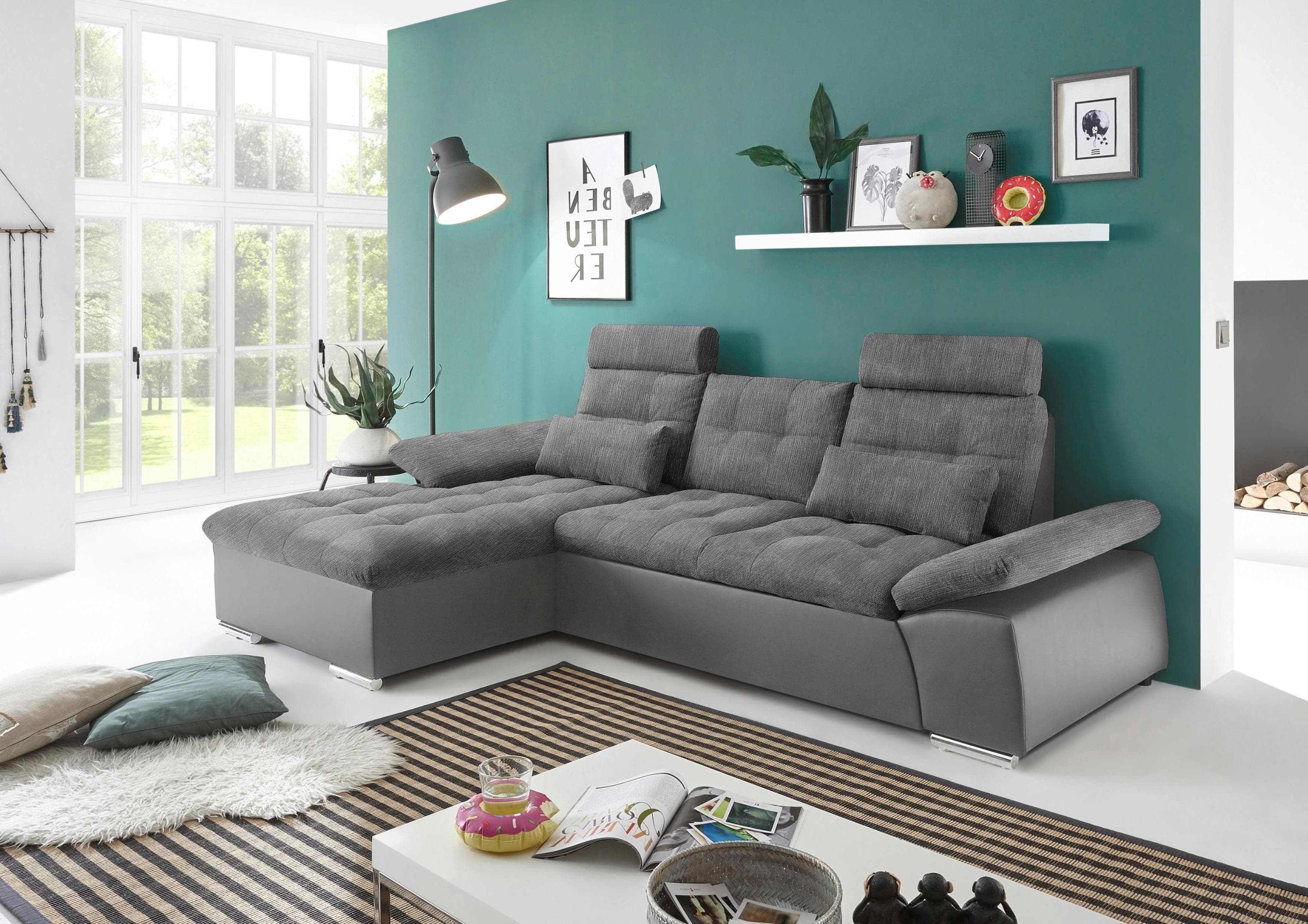 Ecksofa Jakarta L-Form Grau mit Bettfunktion und Armteilverstellung