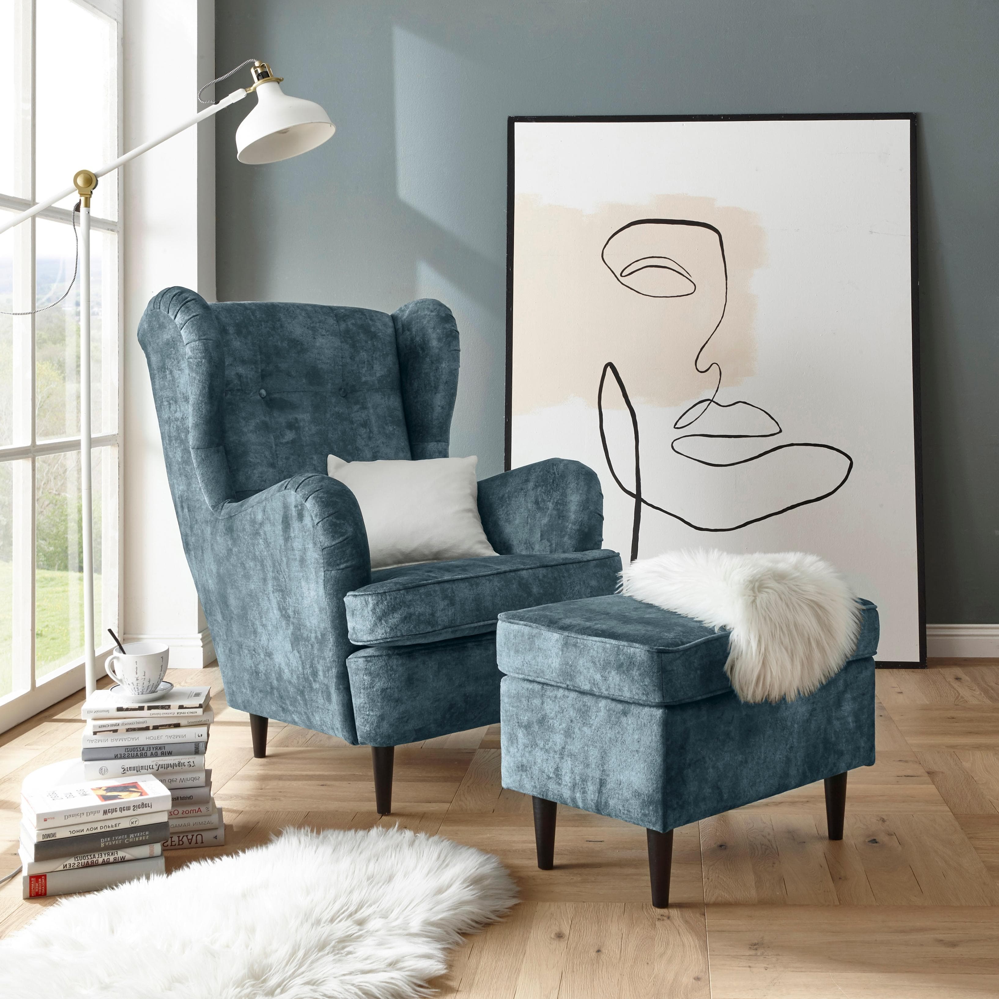Ohrensessel Oskar ED Exciting Design Smokeblau Microvelours