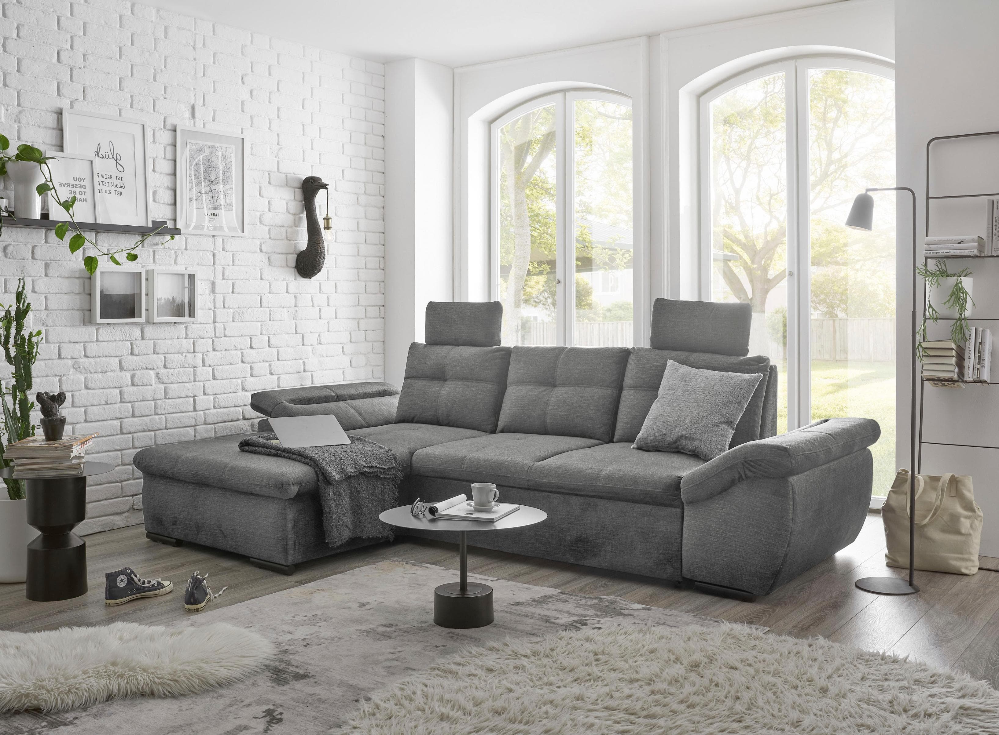 Ecksofa Alija L-Form Grau mit Schlaffunktion und Armteilverstellung