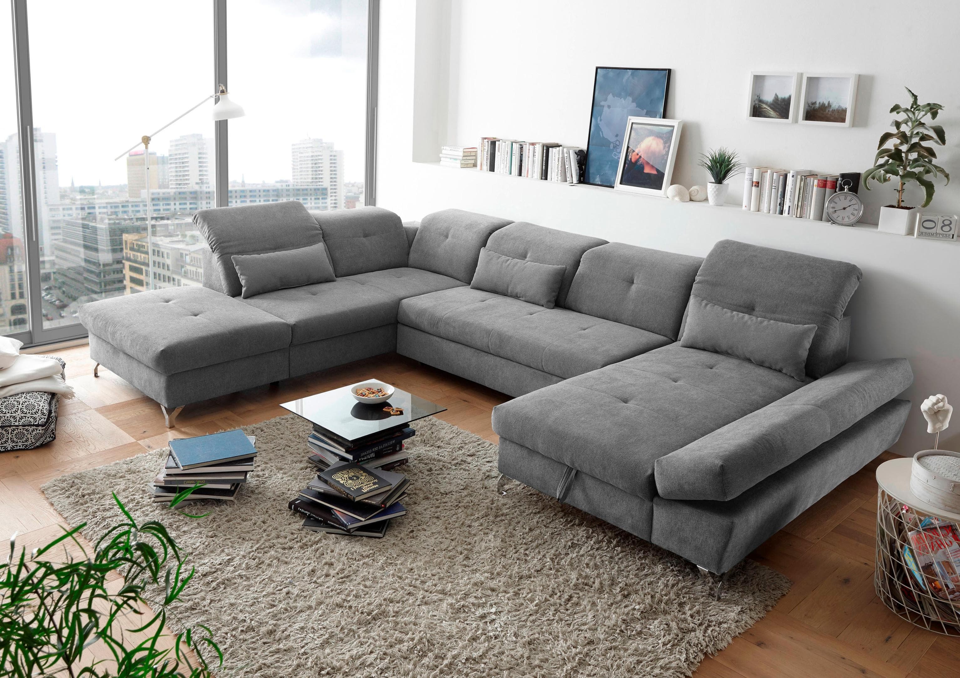 Wohnlandschaft Melfi U-Form mit Bettfunktion und Bettkasten Braun