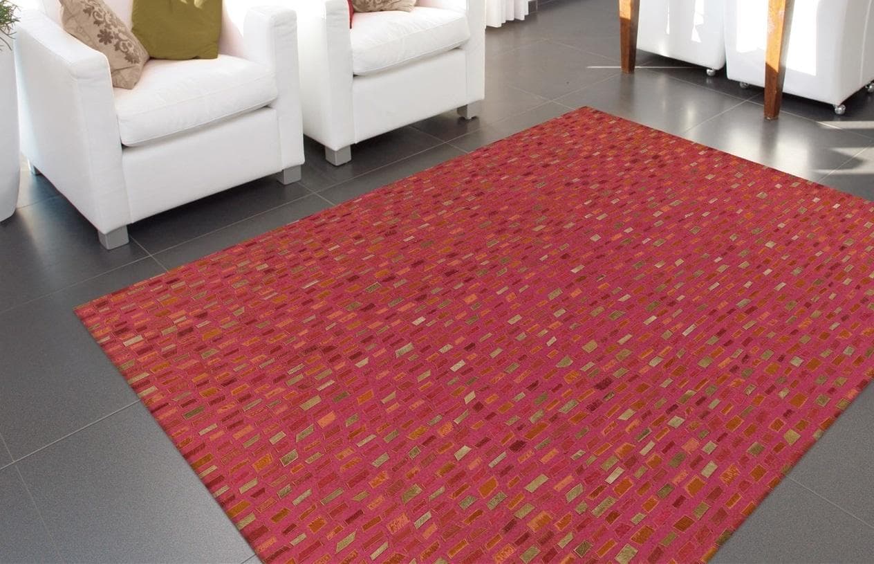 Roter Patchwork-Teppich aus Leder, Wolle und Polyester