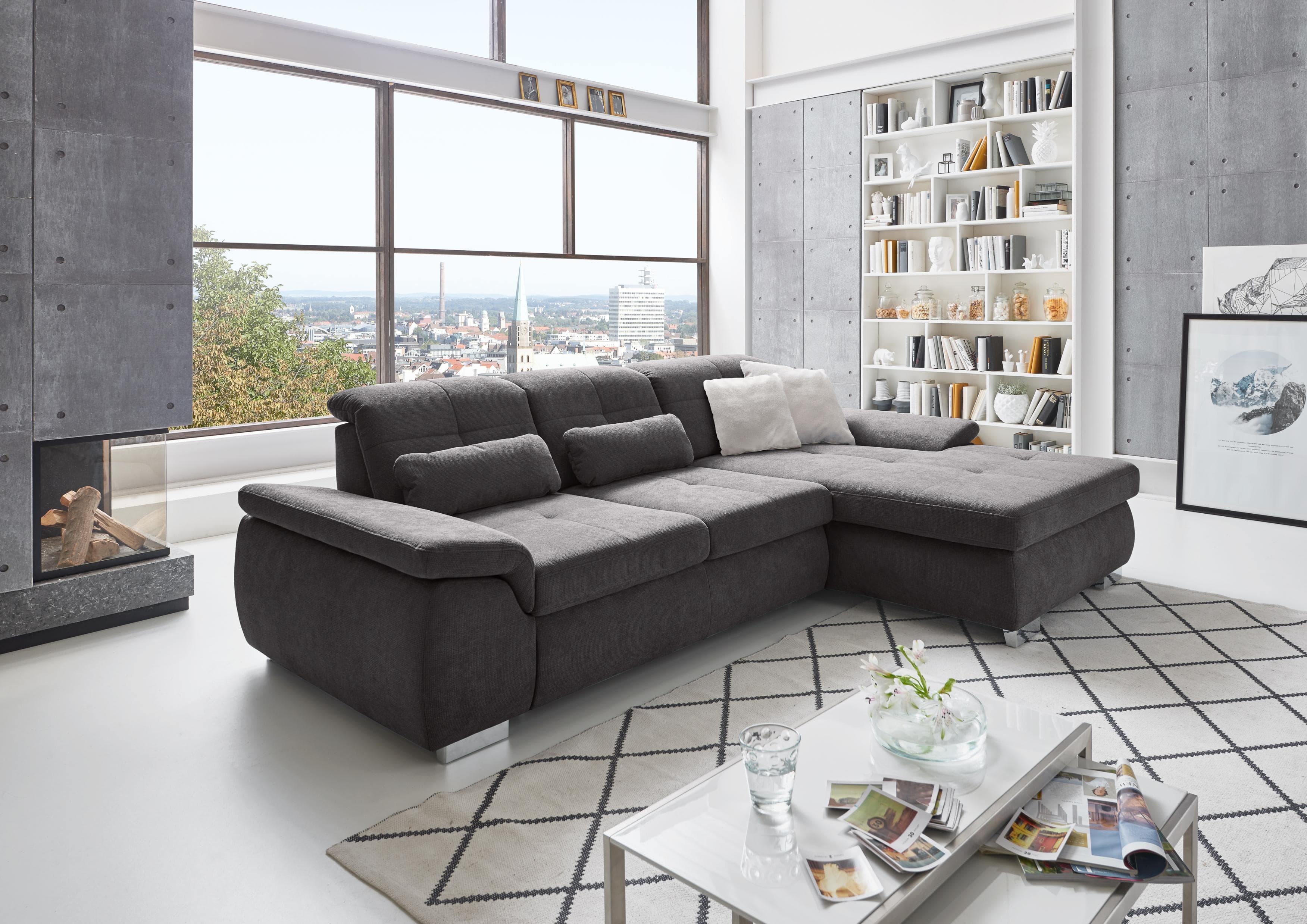 DIE PLANBAR Ecksofa L-Form Anthrazit mit Sitztiefenverstellung & Bettfunktion