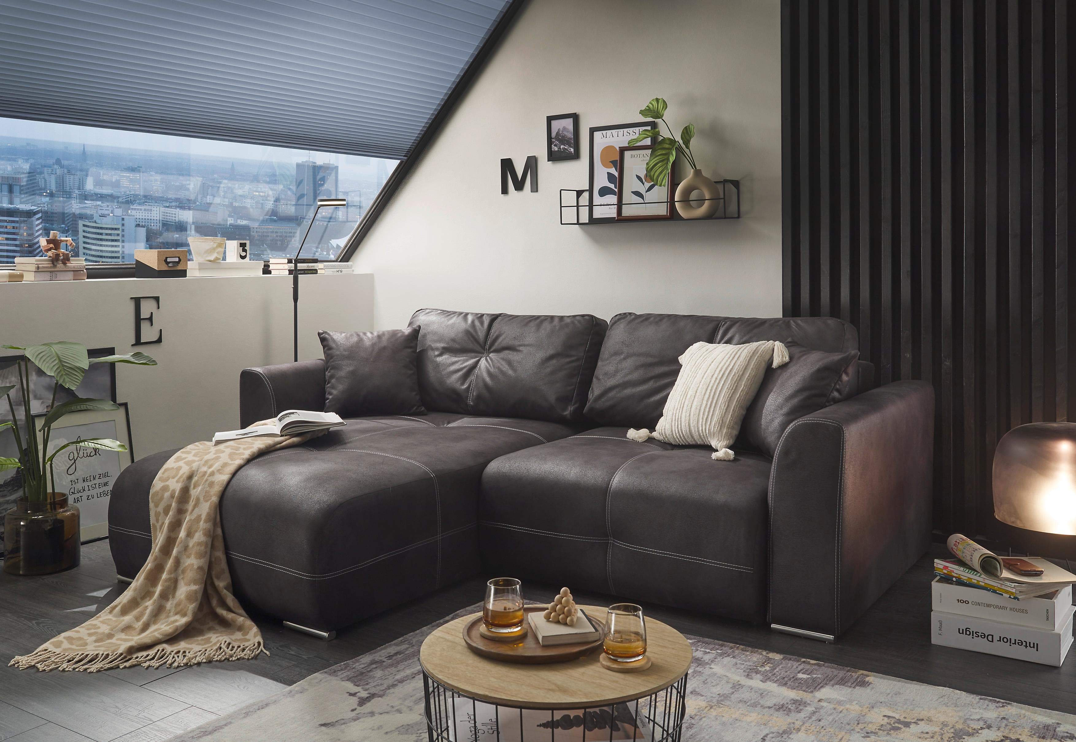 Ecksofa Dolan L-Form Anthrazit mit Bettfunktion und Bettkasten