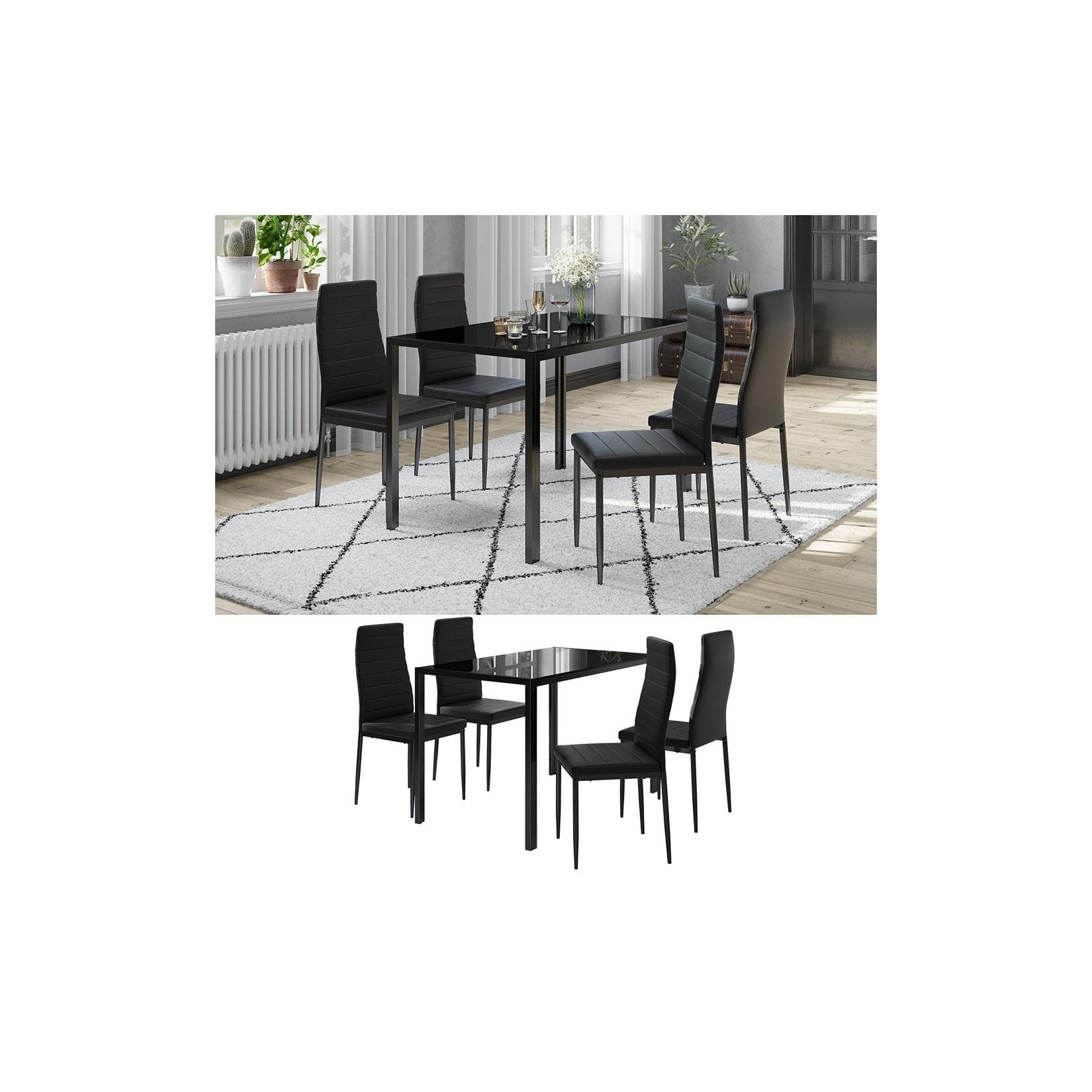 Vicco Grand Metall Essgruppe Schwarz mit Glasplatte und 4 Stühlen