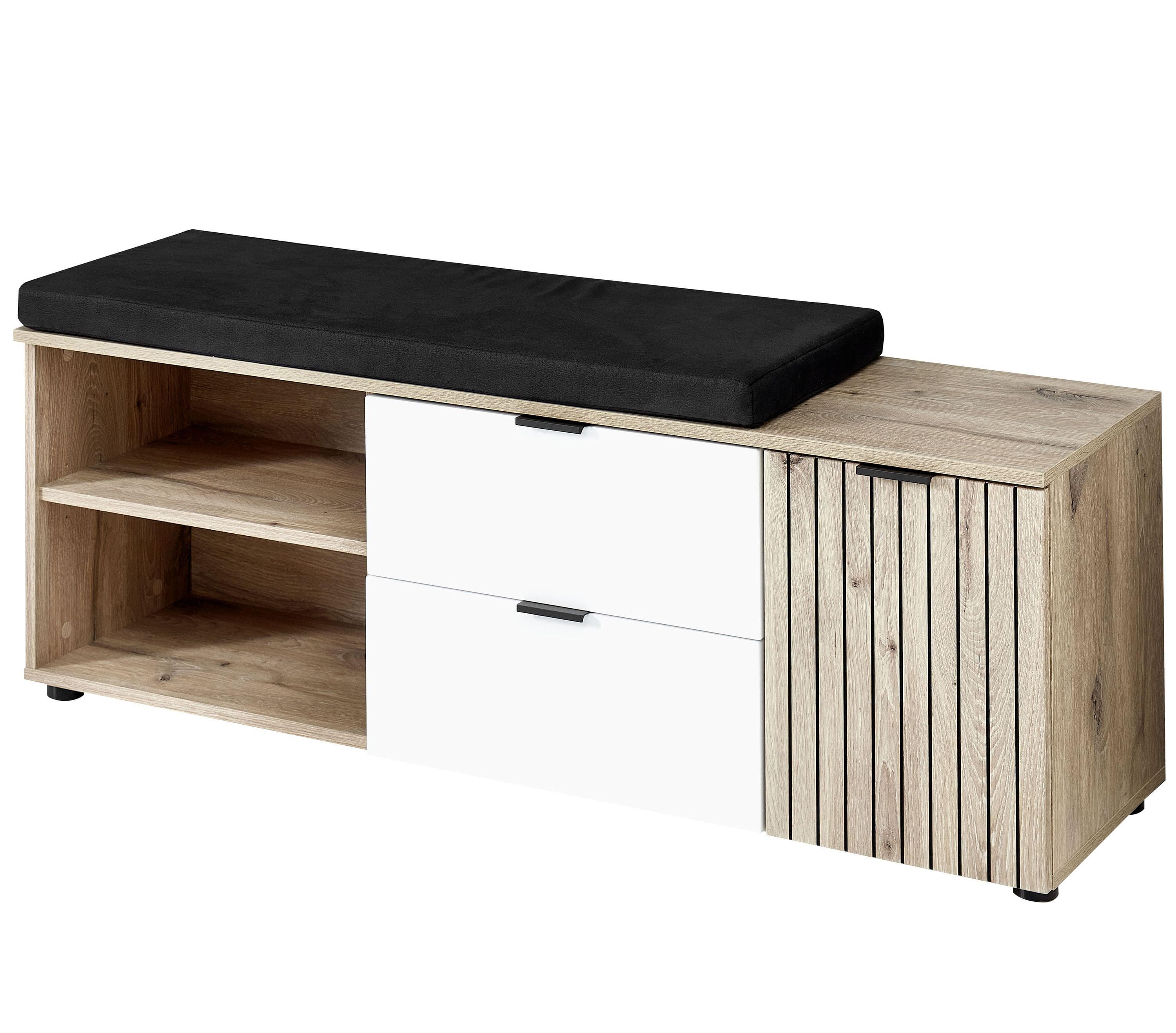Vito Schuhbank Garderobenbank SENYO: Eiche Dekor, Weiß Matt mit Kissen