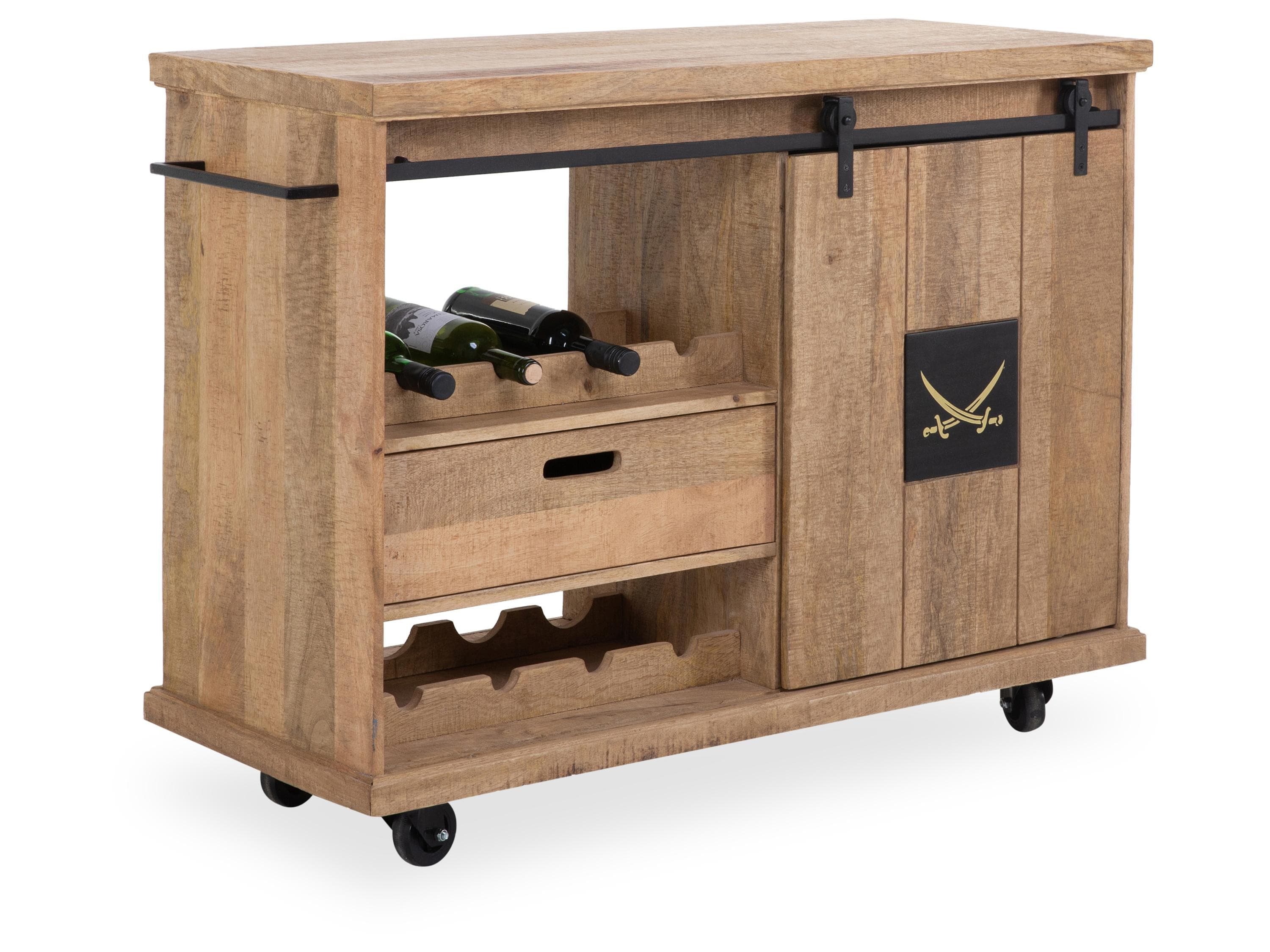 SANSIBAR Living Servierwagen HALMSTAD: Holz Mago Natur mit Schubkasten und Weinregalen