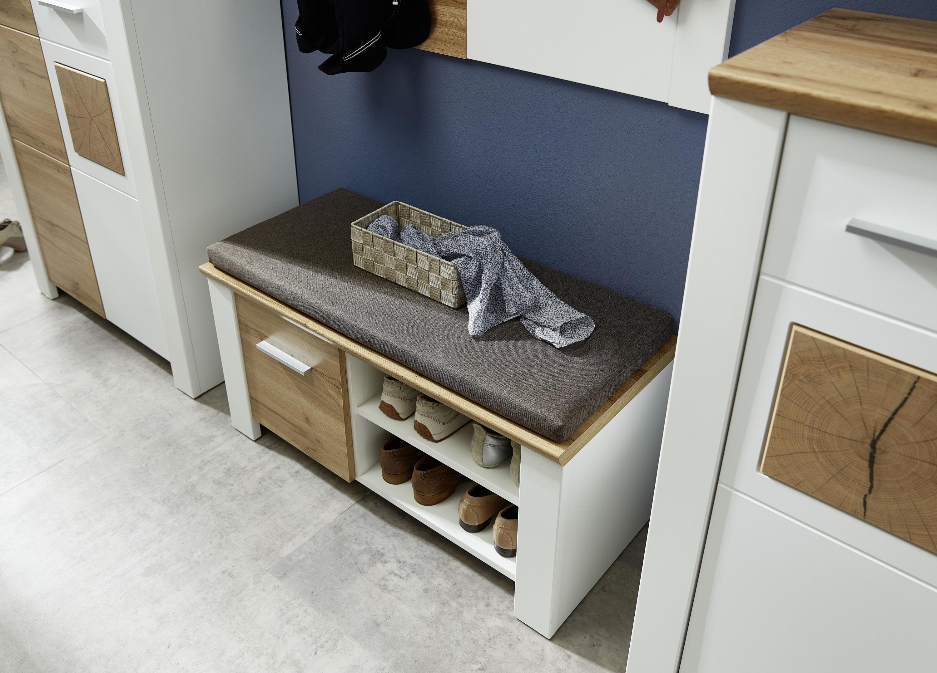 Vito Schuhbank Garderobenbank Weiß Matt Eiche Altholz Dekor