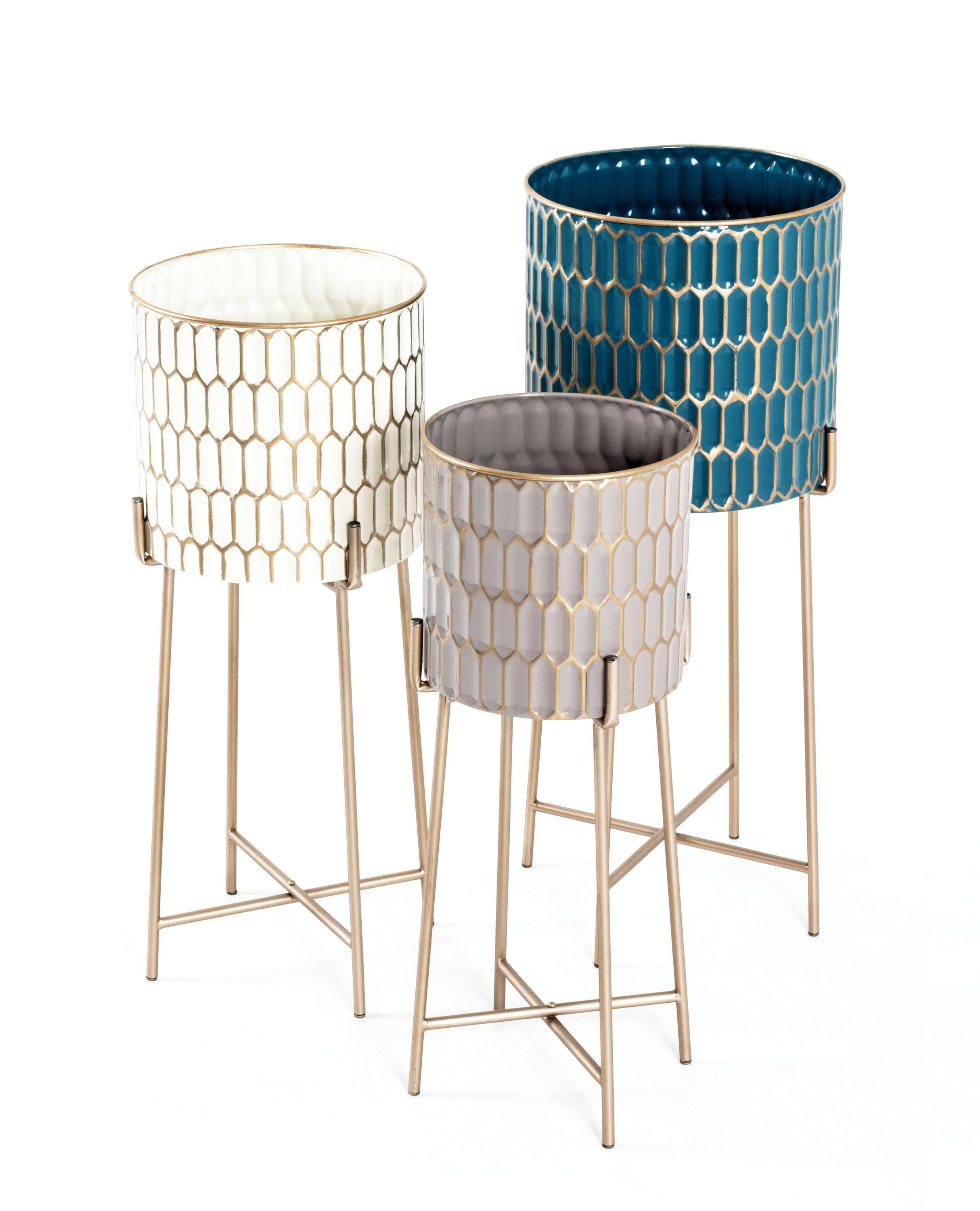 HAKU Blumensäule 3er-Set Gold-Türkis-Creme-Taupe | Designer Blumenständer Metall