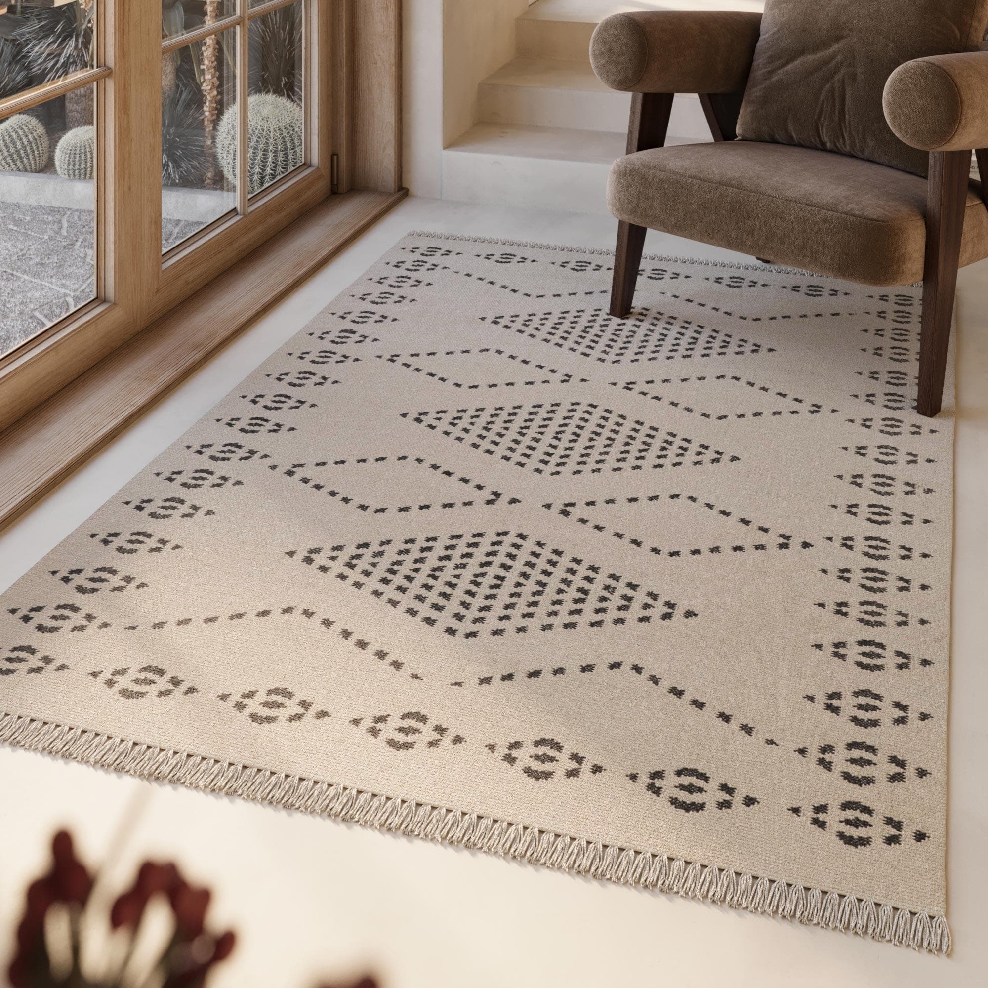 GREEN LOOOP Belmont Wollteppich Beige Handgewebt Kelim Rautenmuster