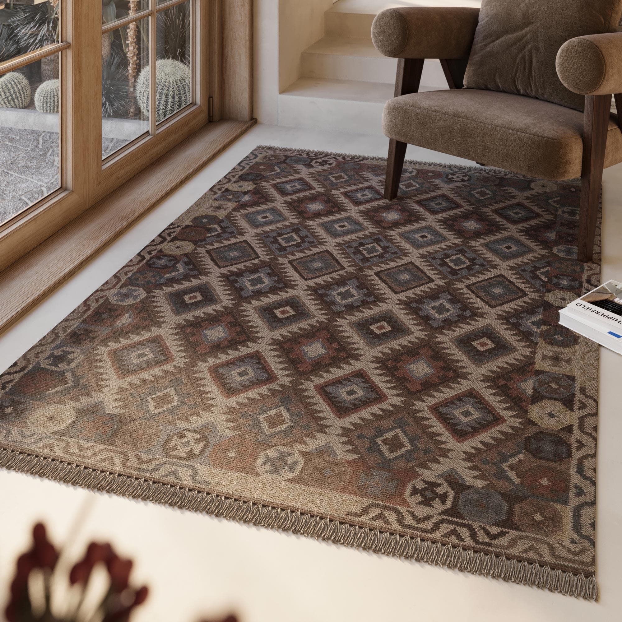 Green Looop Wollteppich Migny Braun Fransen Kelim Handgewebt