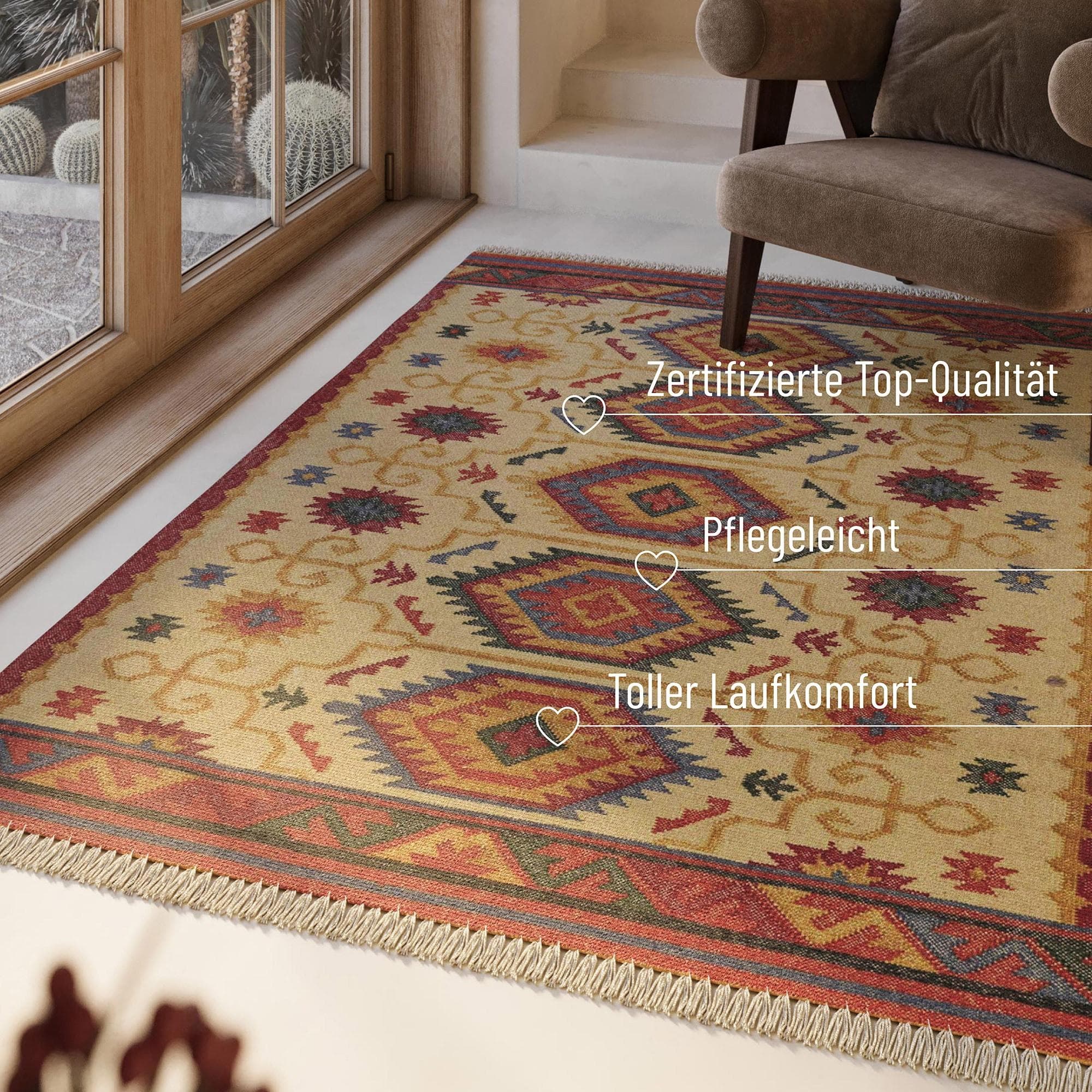 Green Looop Wollteppich Valere Beige Fransen Kelim Handgewebt