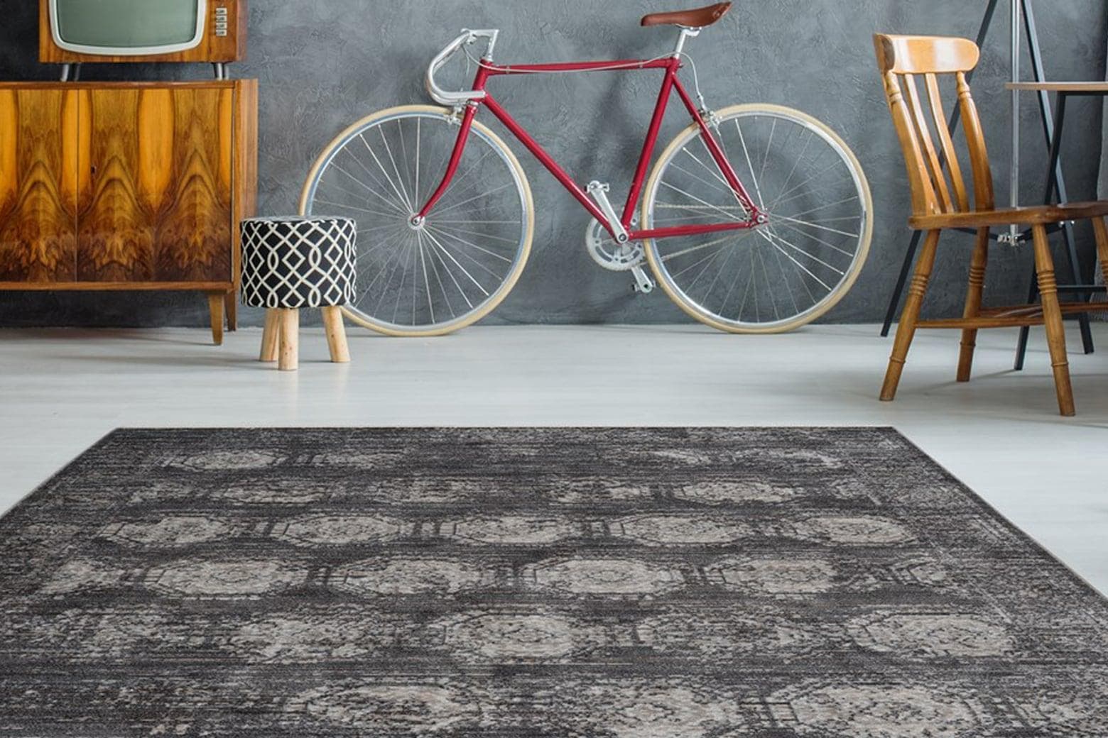 Vintage Teppich in Grau und Anthrazit, Kunstfaser mit Fransen