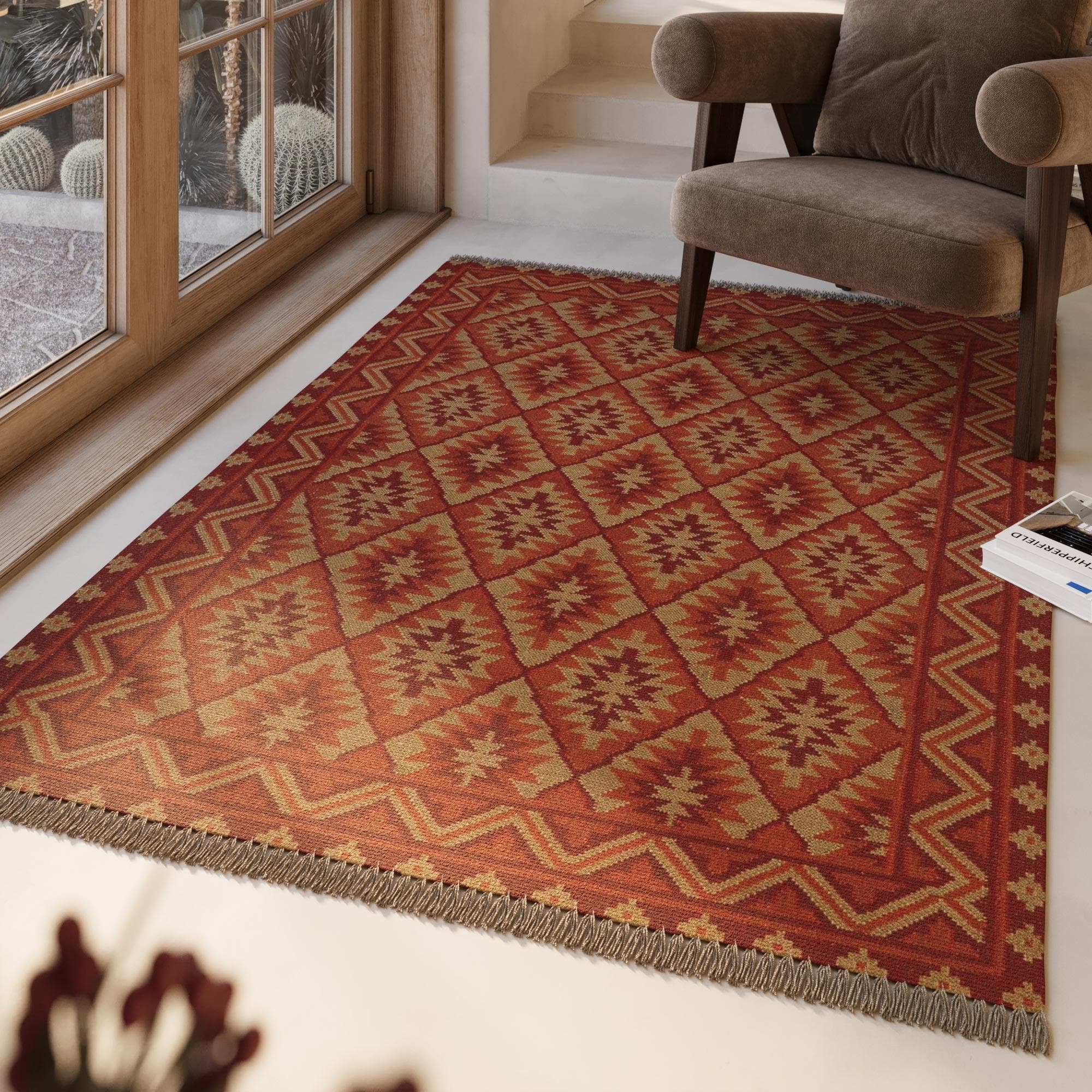 Green Looop Wollteppich Clare Rot Fransen Kelim Handgewebt