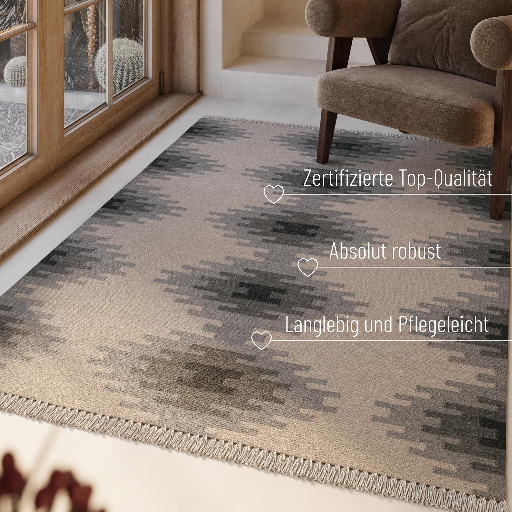 GREEN LOOOP Wollteppich Belle Beige Grau Handgewebt Kelim