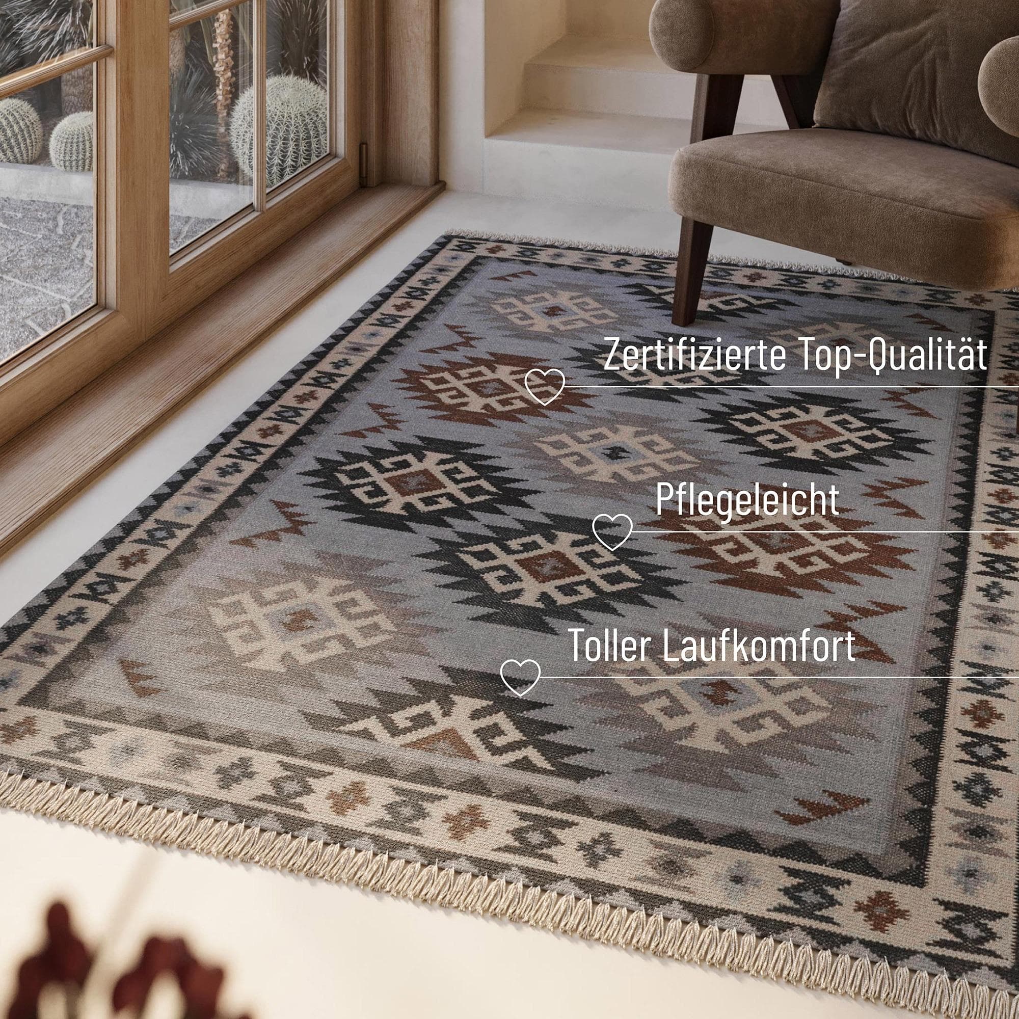 Wollteppich GREEN LOOOP Blancard Blau Kelim Handgewebt