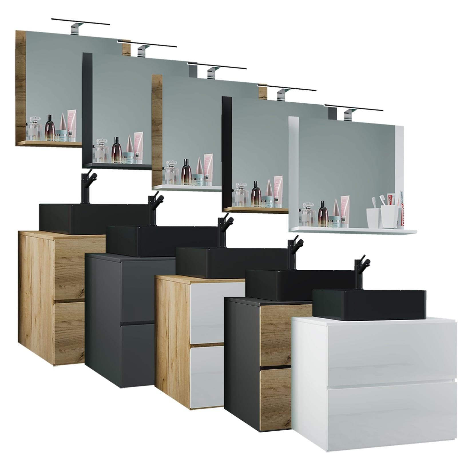 VCM 3-tlg. Waschplatz Waschtisch Set mit schwarzem Waschbecken, Unterschrank und Spiegel