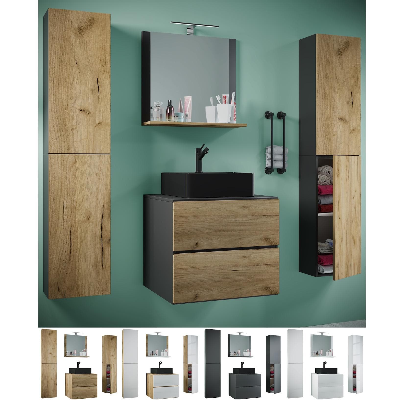 VCM 5-tlg. Waschplatz Waschtisch schwarzes Waschbecken Unterschrank Breite 60 cm Badmöbel Set mit Schubladen Drehtüren Spiegel Lendas S BL