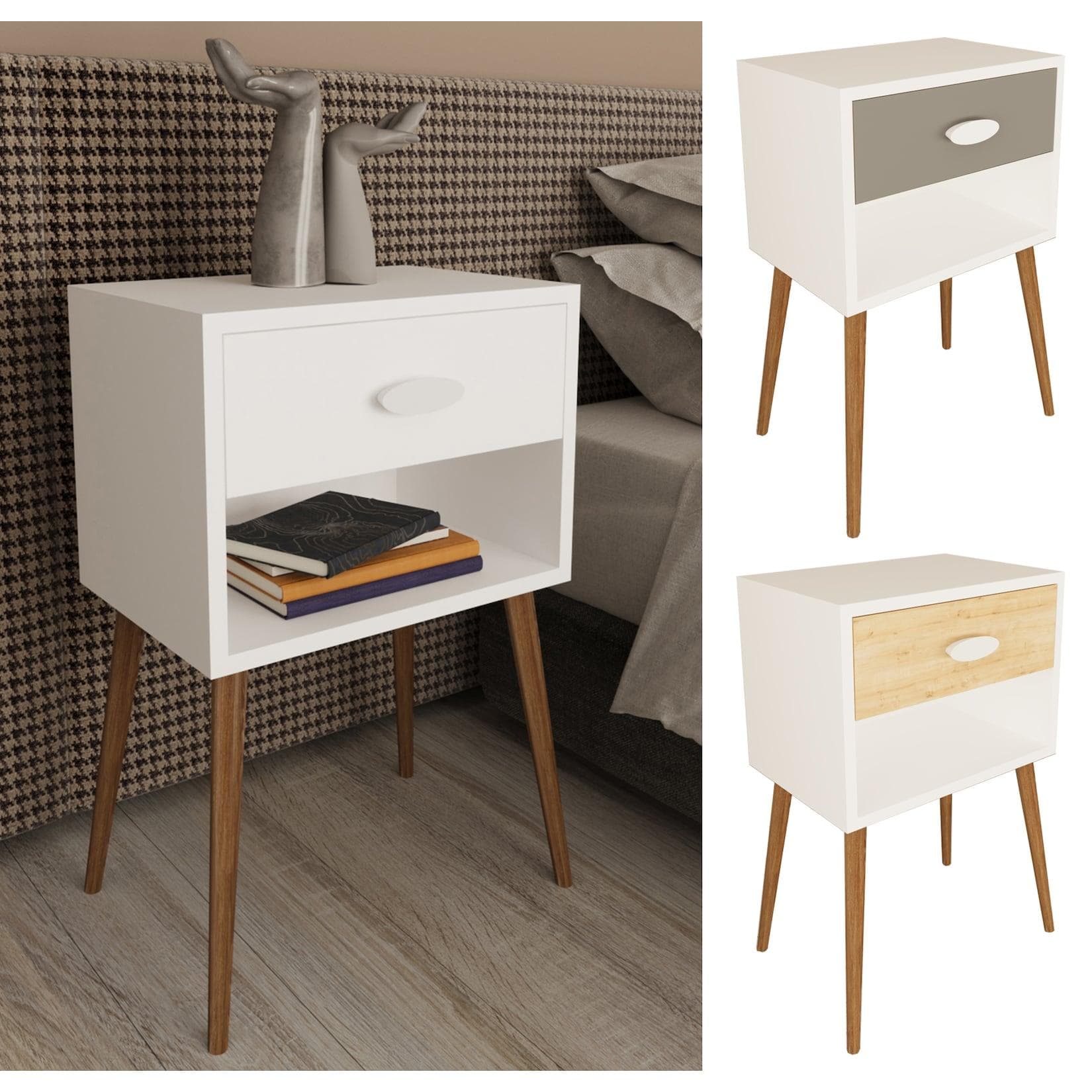 VCM Nachttisch Singol XL Holz Beistelltisch mit Schublade Braun/Weiß
