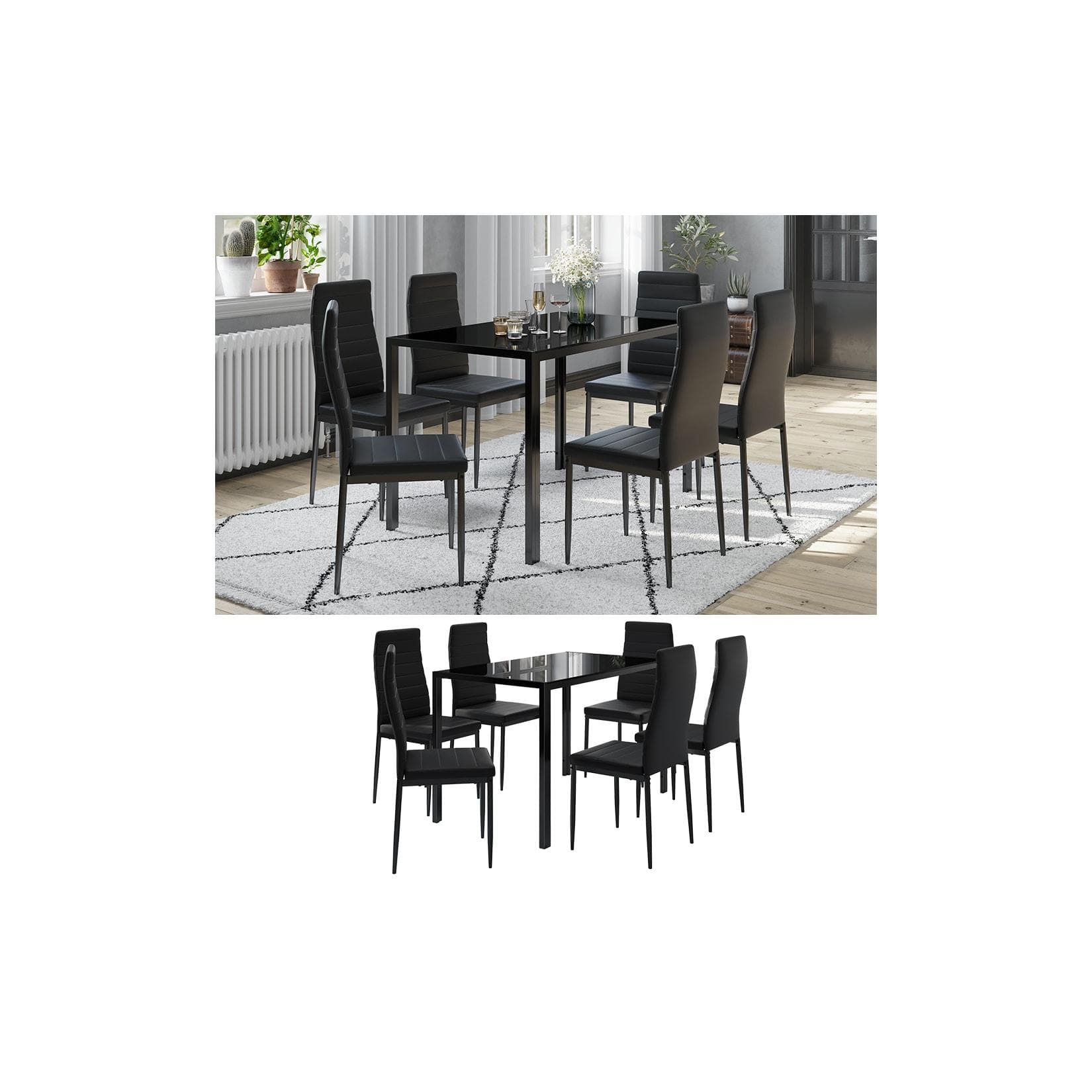 Vicco Grand Metall Essgruppe Schwarz mit Glasplatte und 6 Stühlen
