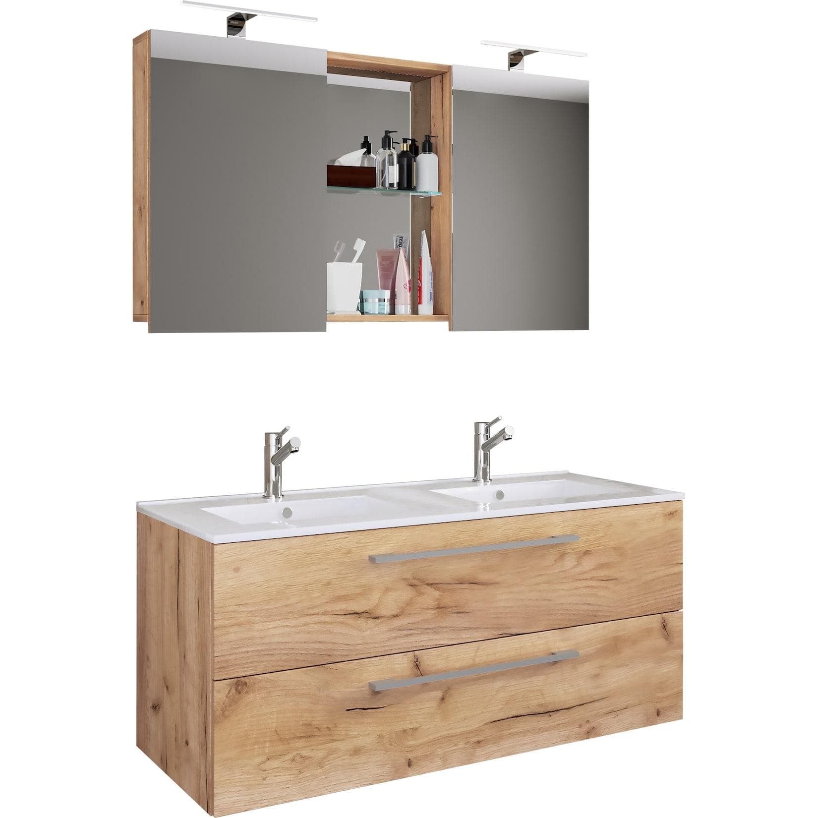 Mid.you Badezimmer-Set Honigeiche Metall 3-teilig 2,2 Schubladen 112 cm