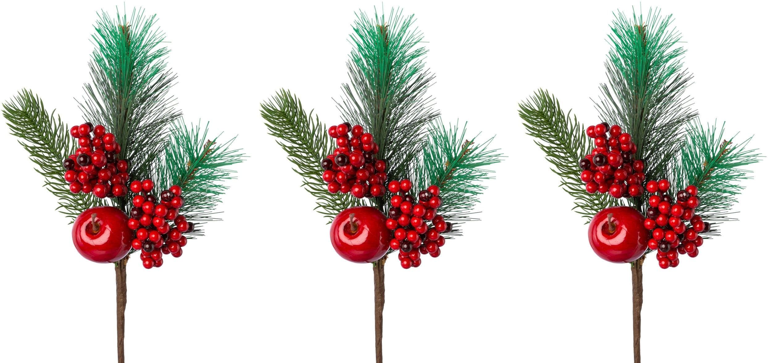 CREATIV GREEN Winterliche Kunstpflanze 3er-Set Grün-Rot Weihnachtsdeko
