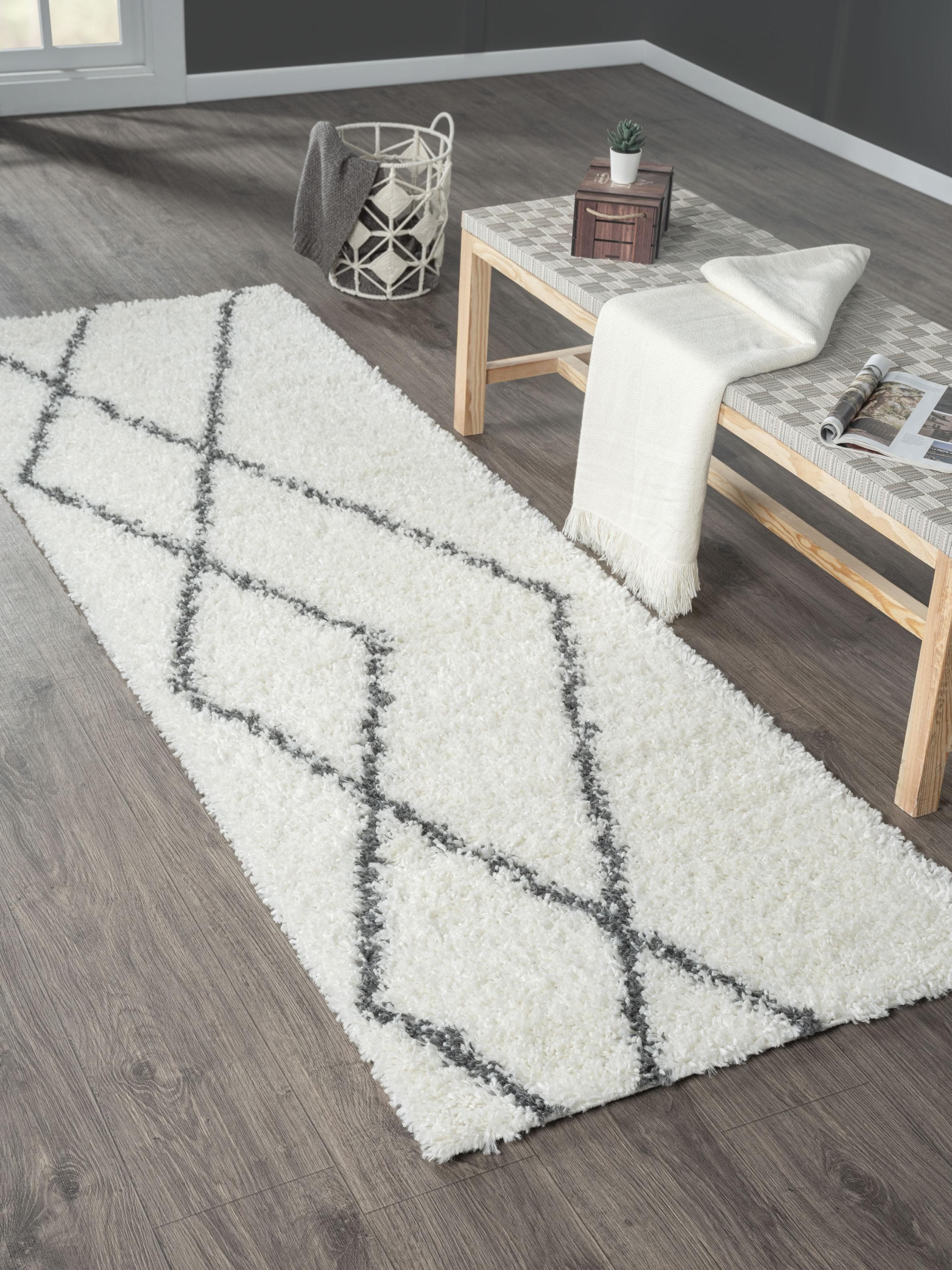 MyFlair Hochflor-Läufer Shaggy Raute Creme Grau