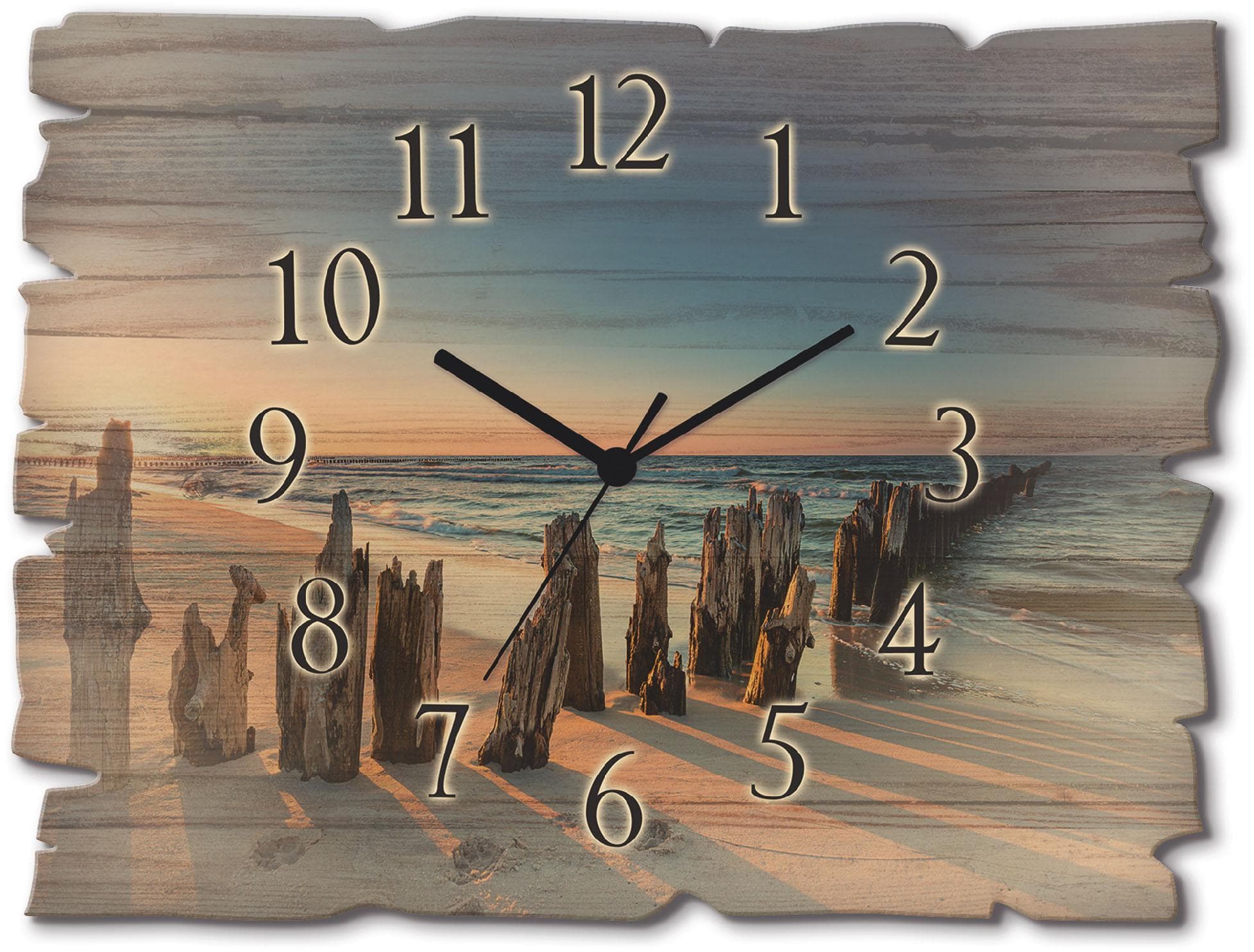 Artland Wanduhr Sonnenuntergang Strand Wellenbrecher Birkenholz