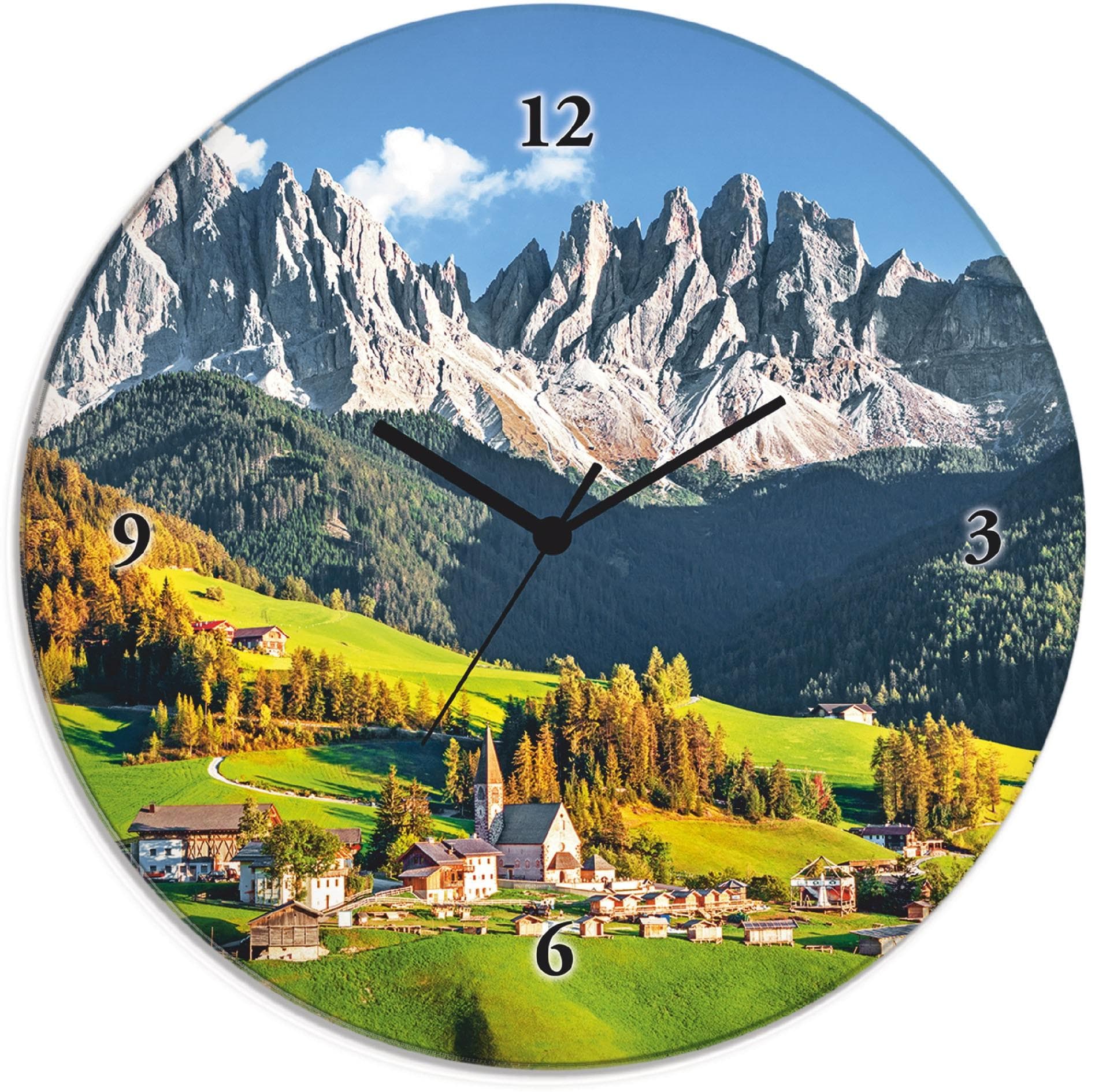 ARTLAND Wanduhr Glas rund Alpen Berge Grün 30cm