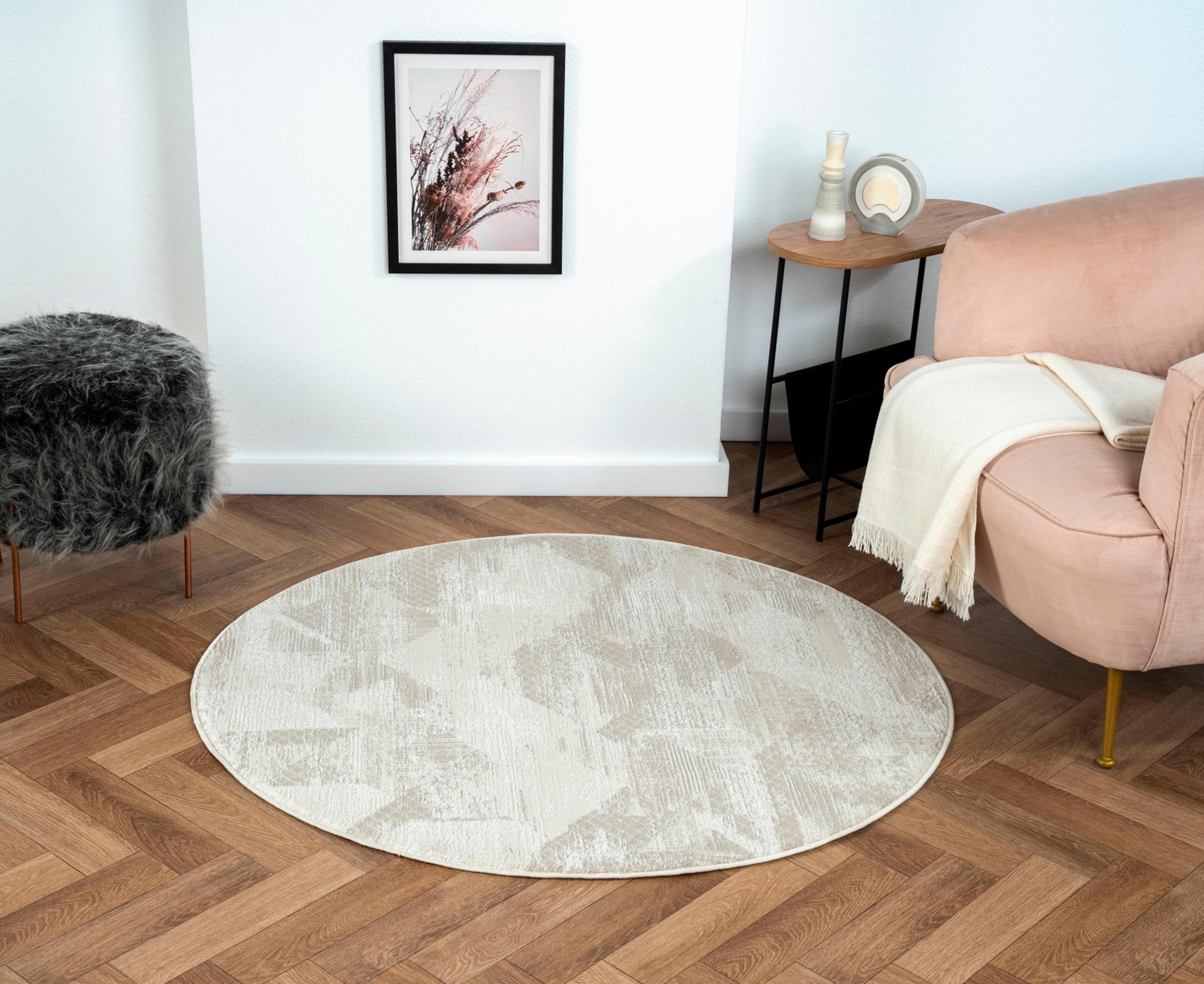 MyFlair Teppich My Life Rund Beige Grau Weiß Retro-Style Kurzflor