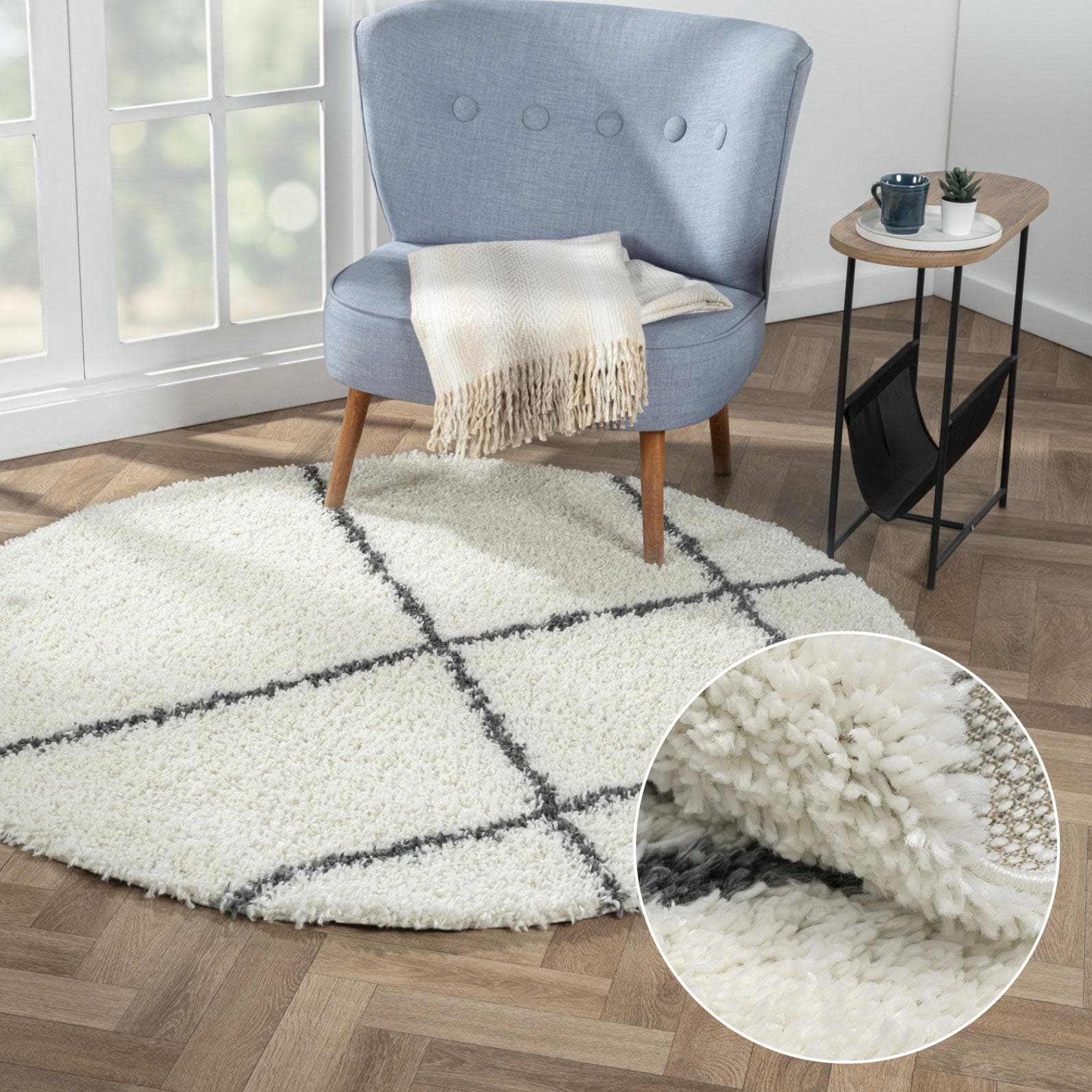 MyFlair Hochflor-Teppich My Shaggy Raute Beige Grau Rund