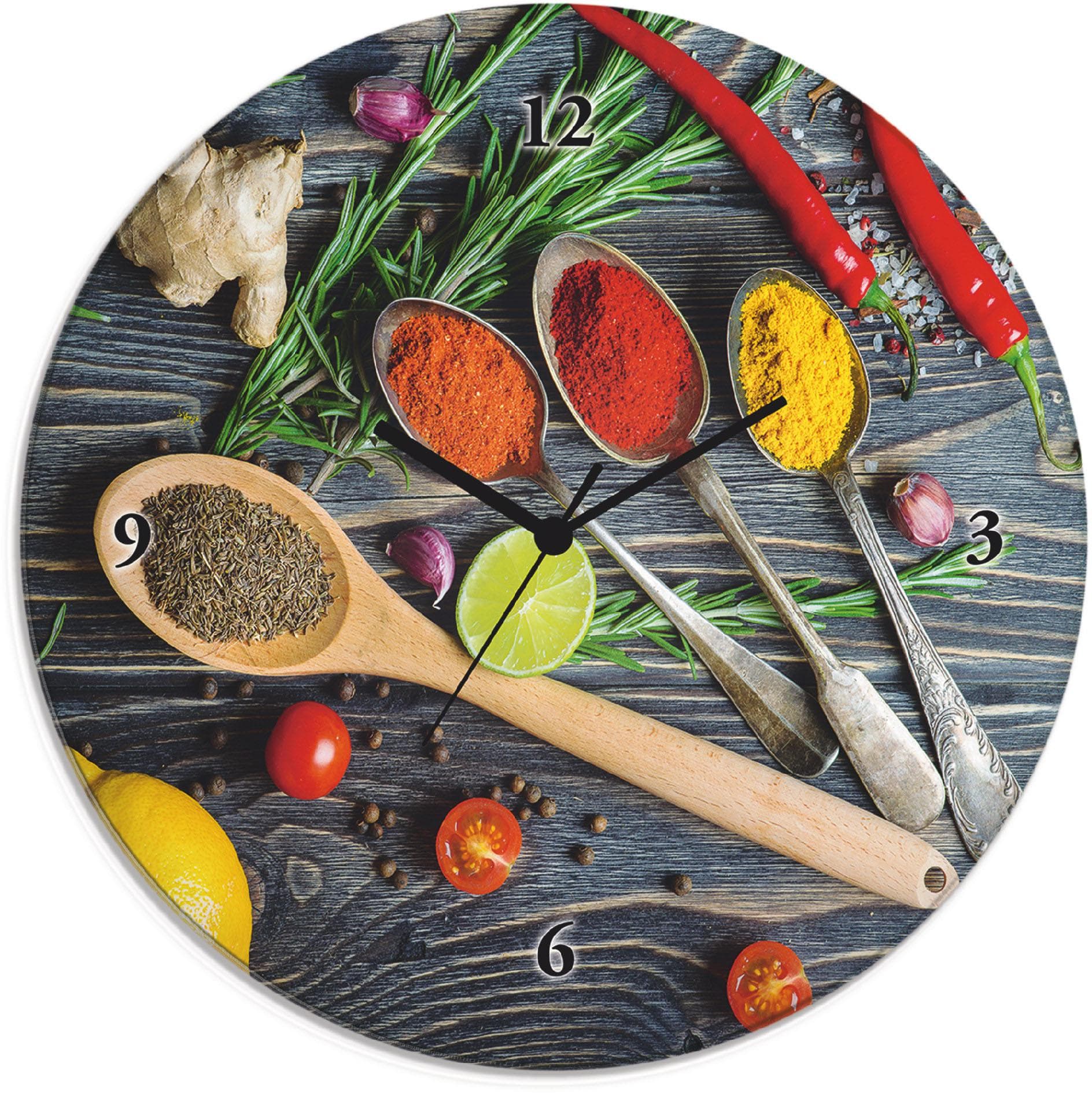 ARTLAND Wanduhr Glas rund Grün Gewürze in Metalllöffeln lautlos